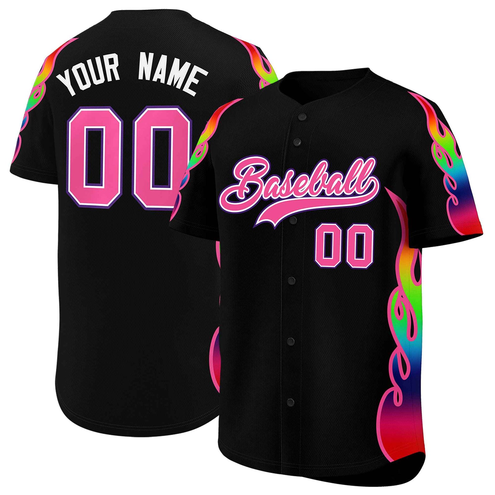Custom Black Graffiti Pattern Personalized Multicolored Flames Print Authentic Baseball Jersey