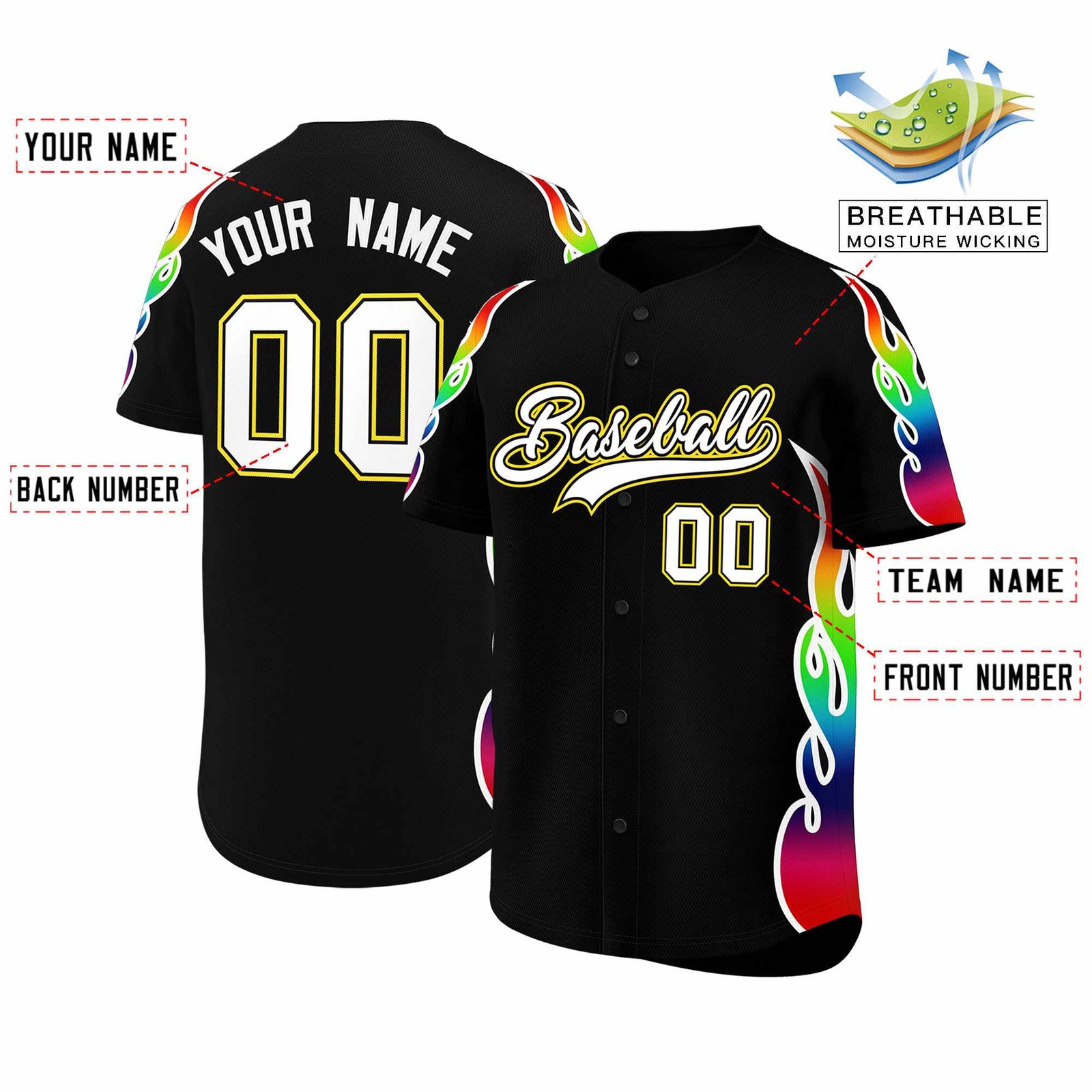 Custom Black Graffiti Pattern Personalized Multicolored Flames Print Authentic Baseball Jersey