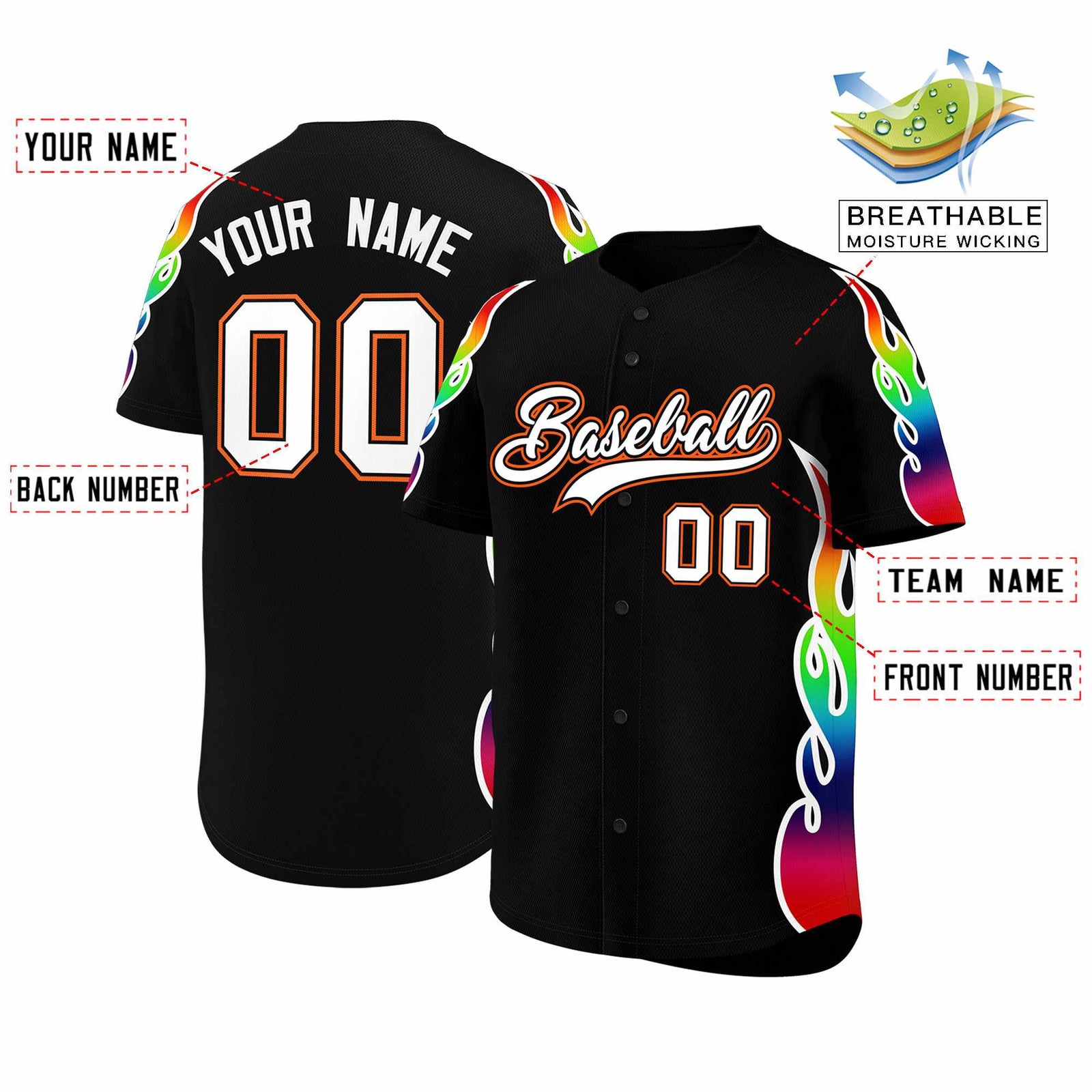 Custom Black Graffiti Pattern Personalized Multicolored Flames Print Authentic Baseball Jersey