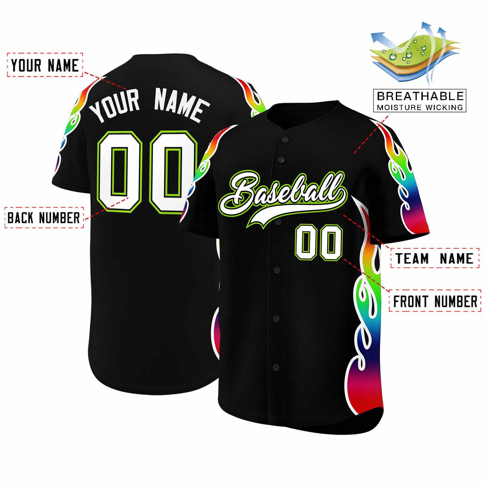 Custom Black Graffiti Pattern Personalized Multicolored Flames Print Authentic Baseball Jersey