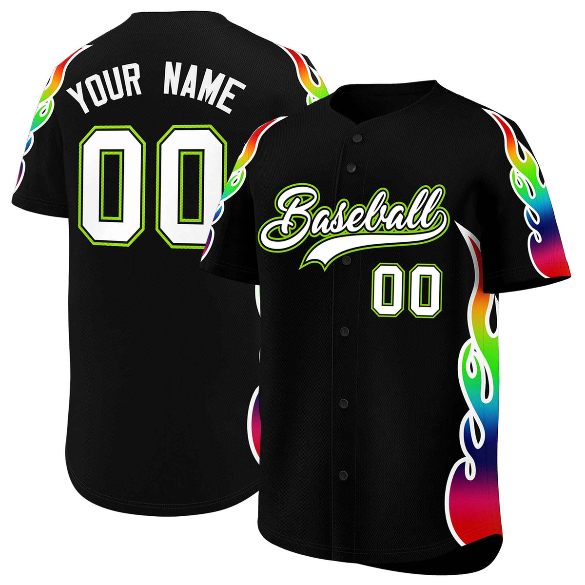 Custom Black Graffiti Pattern Personalized Multicolored Flames Print Authentic Baseball Jersey