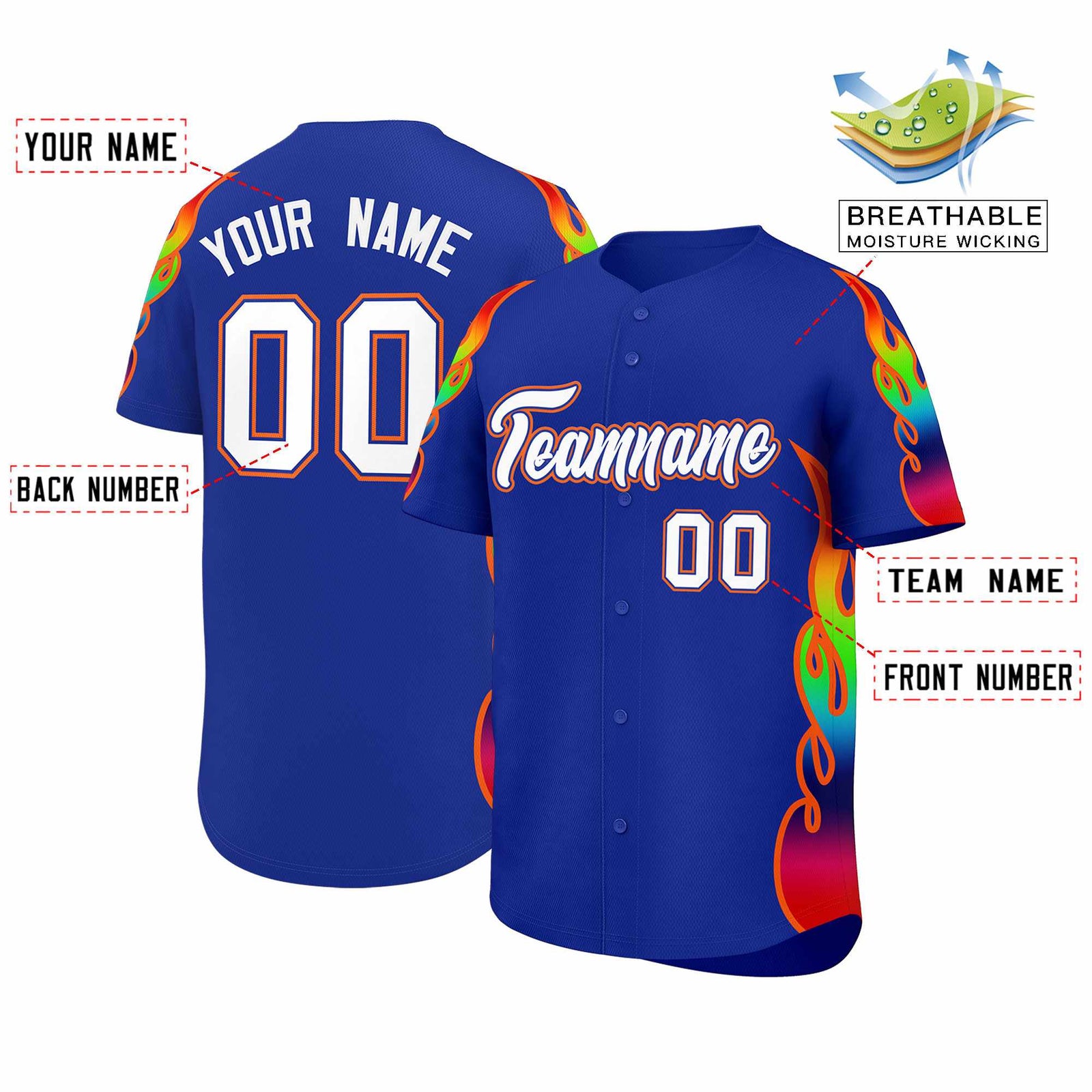Custom Royal Graffiti Pattern Personalized Multicolored Flames Print Authentic Baseball Jersey