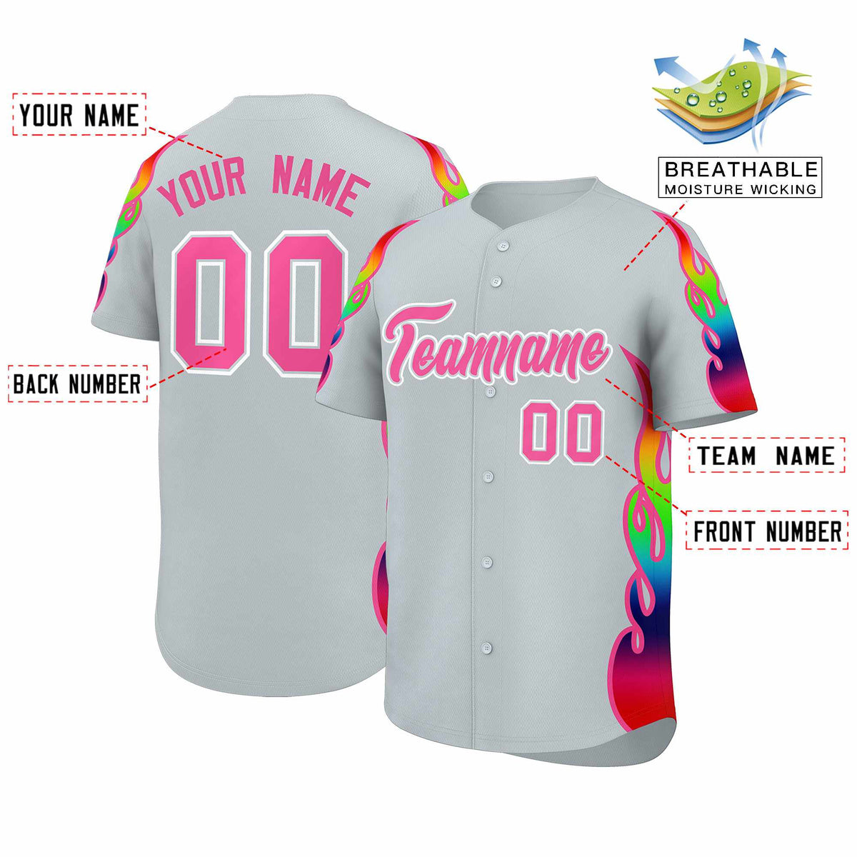 Custom Silver Graffiti Pattern Personalized Multicolored Flames Print Authentic Baseball Jersey