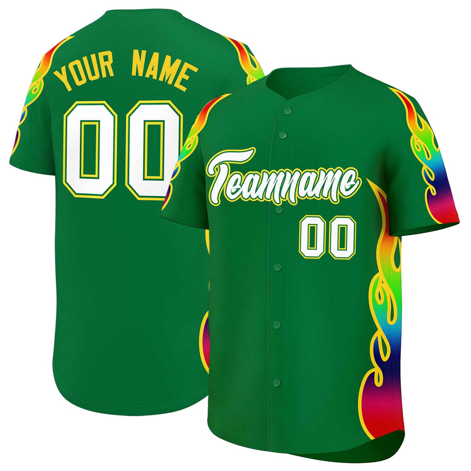 Custom Kelly Green Graffiti Pattern Personalized Multicolored Flames Print Authentic Baseball Jersey