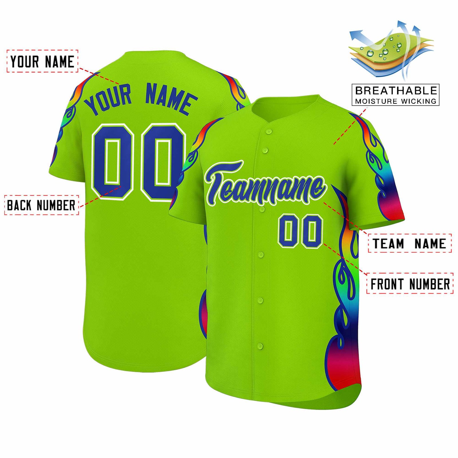 Custom Neon Green Graffiti Pattern Personalized Multicolored Flames Print Authentic Baseball Jersey