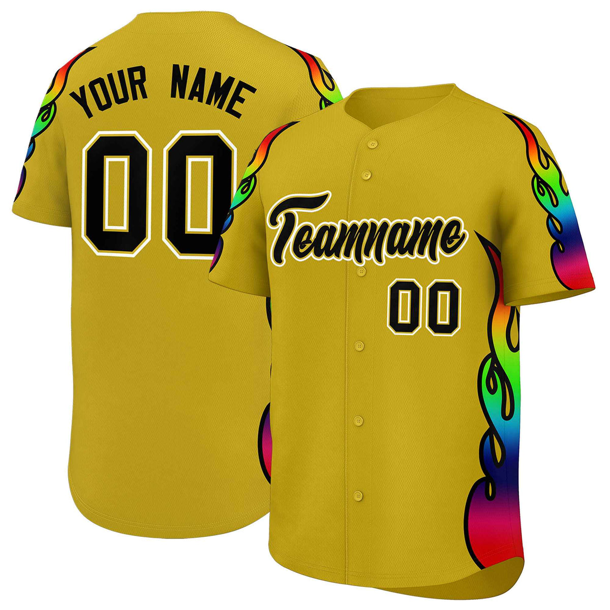 Custom Old Gold Graffiti Pattern Personalized Multicolored Flames Print Authentic Baseball Jersey