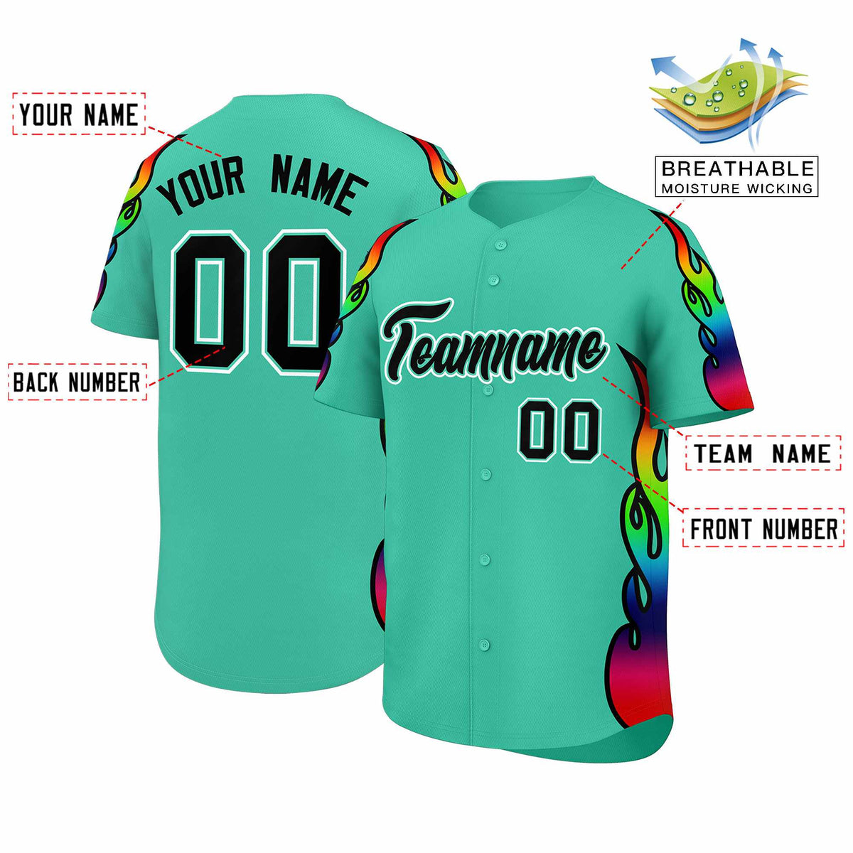 Custom Bright Green Graffiti Pattern Personalized Multicolored Flames Print Authentic Baseball Jersey