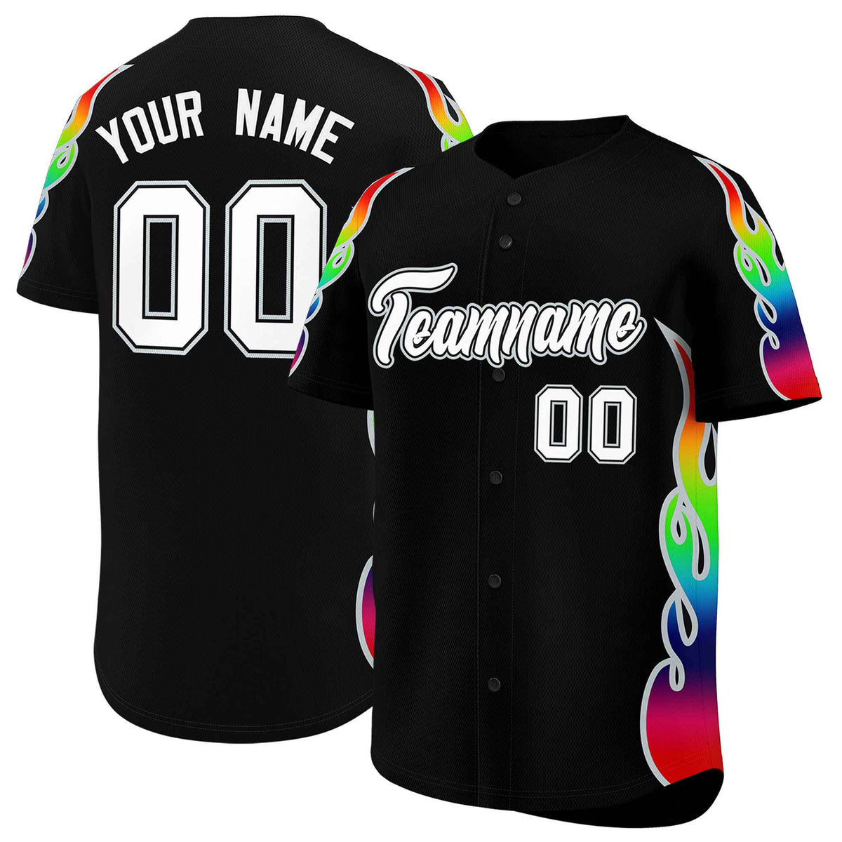 Custom Black Graffiti Pattern Personalized Multicolored Flames Print Authentic Baseball Jersey