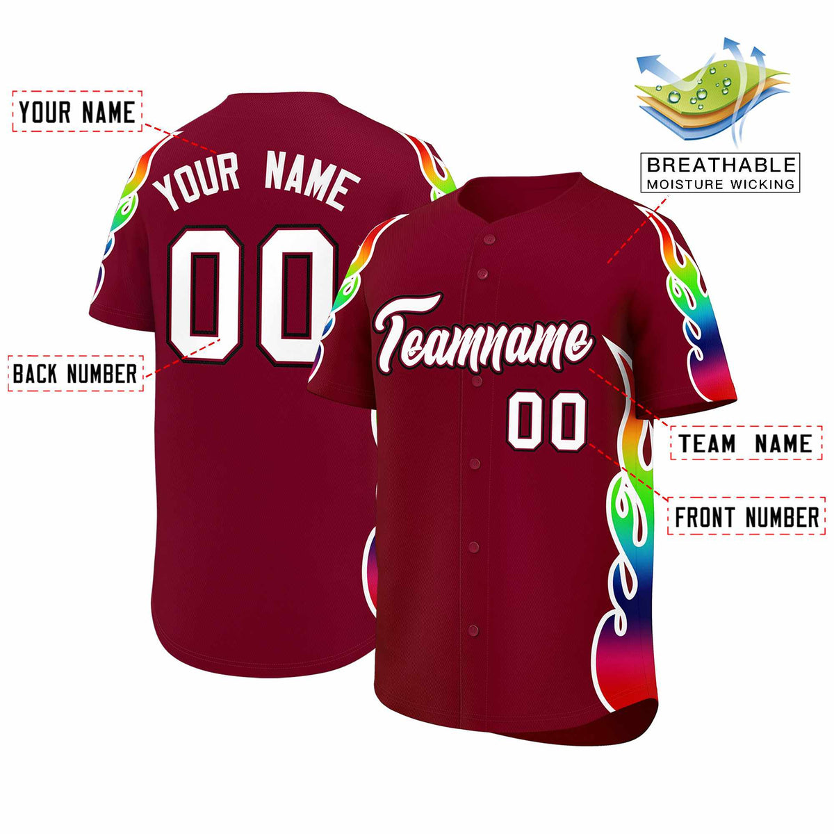 Custom Crimson Graffiti Pattern Personalized Multicolored Flames Print Authentic Baseball Jersey