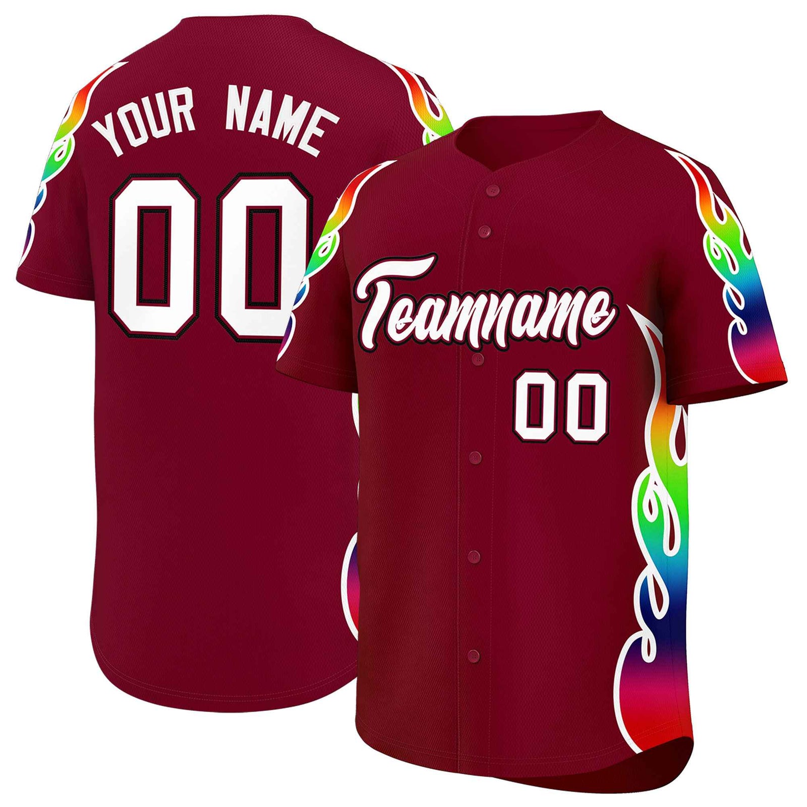 Custom Crimson Graffiti Pattern Personalized Multicolored Flames Print Authentic Baseball Jersey