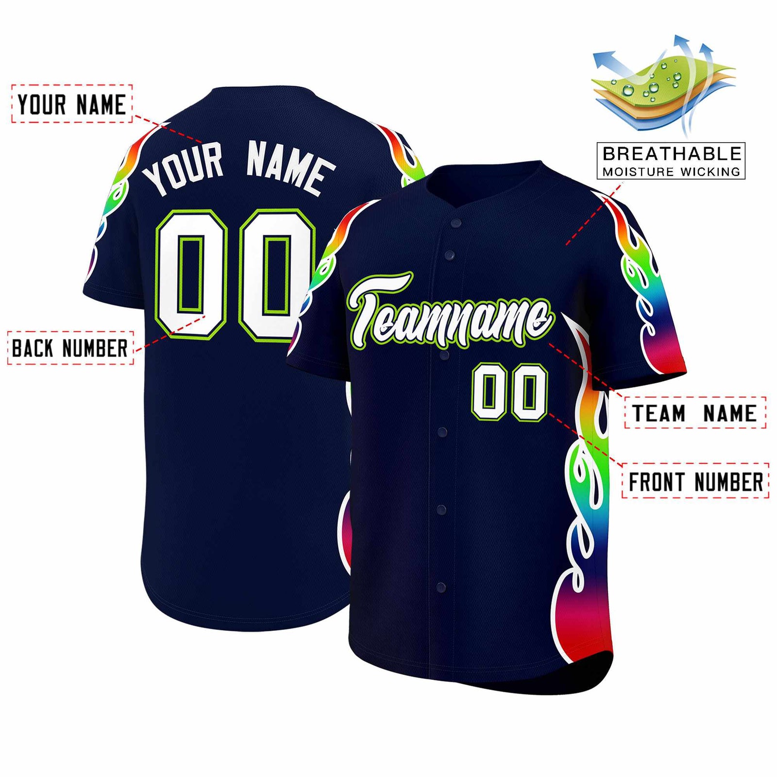 Custom Navy Graffiti Pattern Personalized Multicolored Flames Print Authentic Baseball Jersey