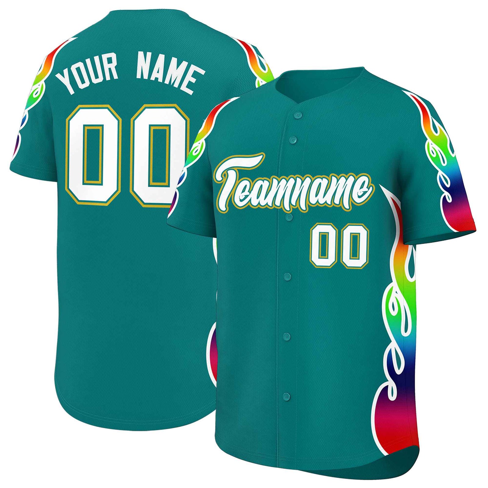 Custom Aqua Graffiti Pattern Personalized Multicolored Flames Print Authentic Baseball Jersey