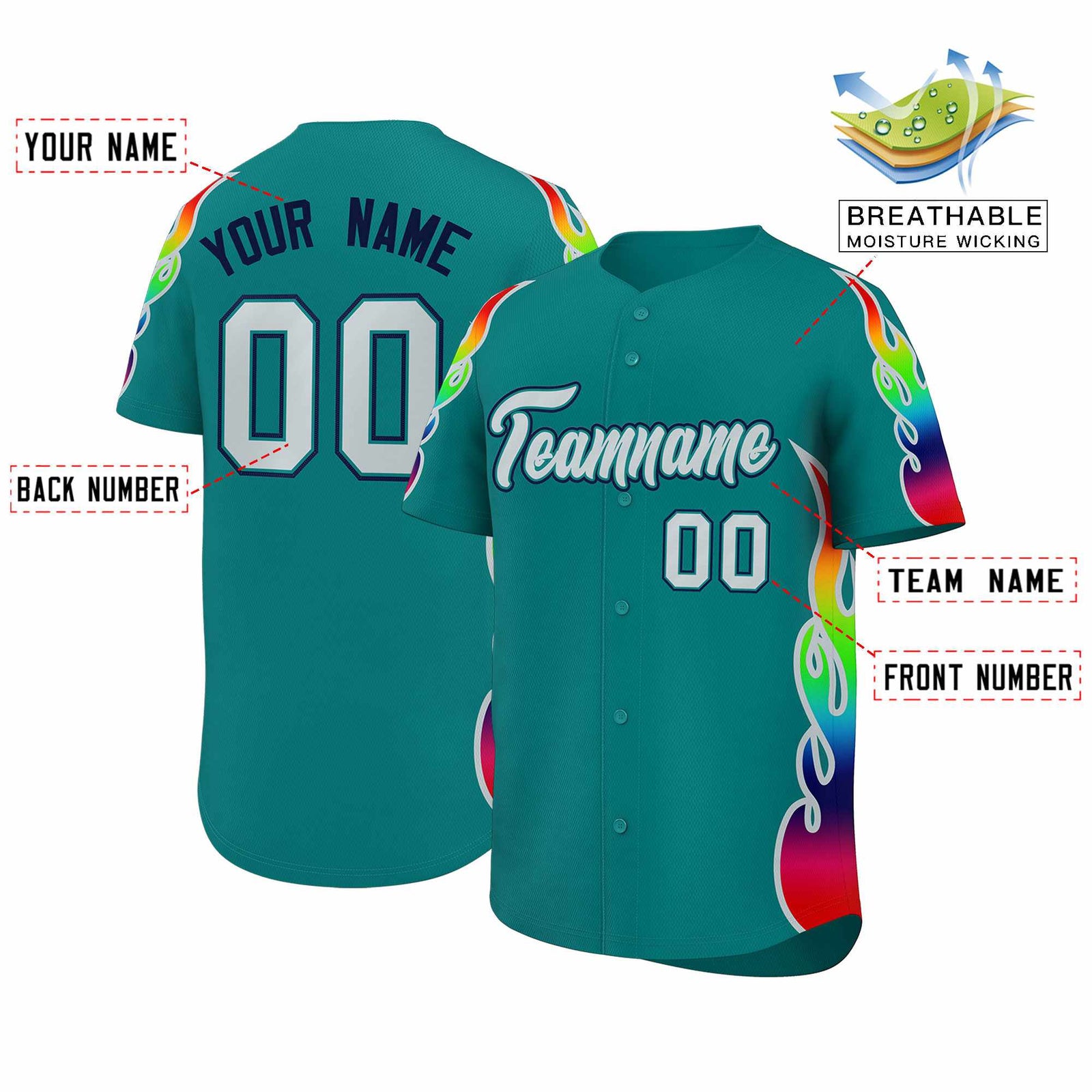 Custom Aqua Graffiti Pattern Personalized Multicolored Flames Print Authentic Baseball Jersey