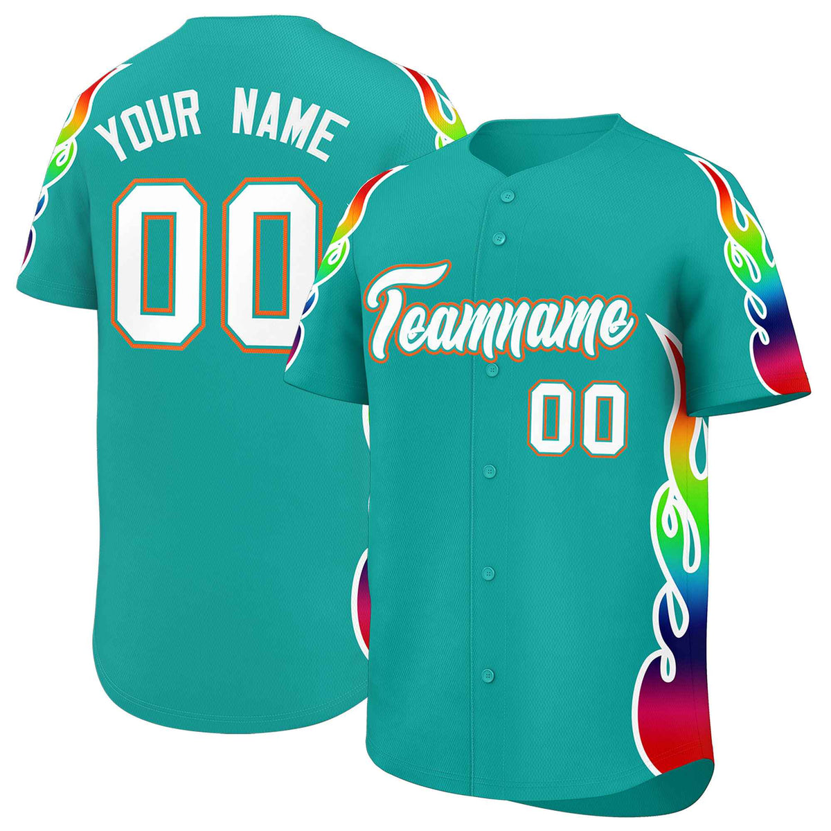 Custom Aqua Graffiti Pattern Personalized Multicolored Flames Print Authentic Baseball Jersey