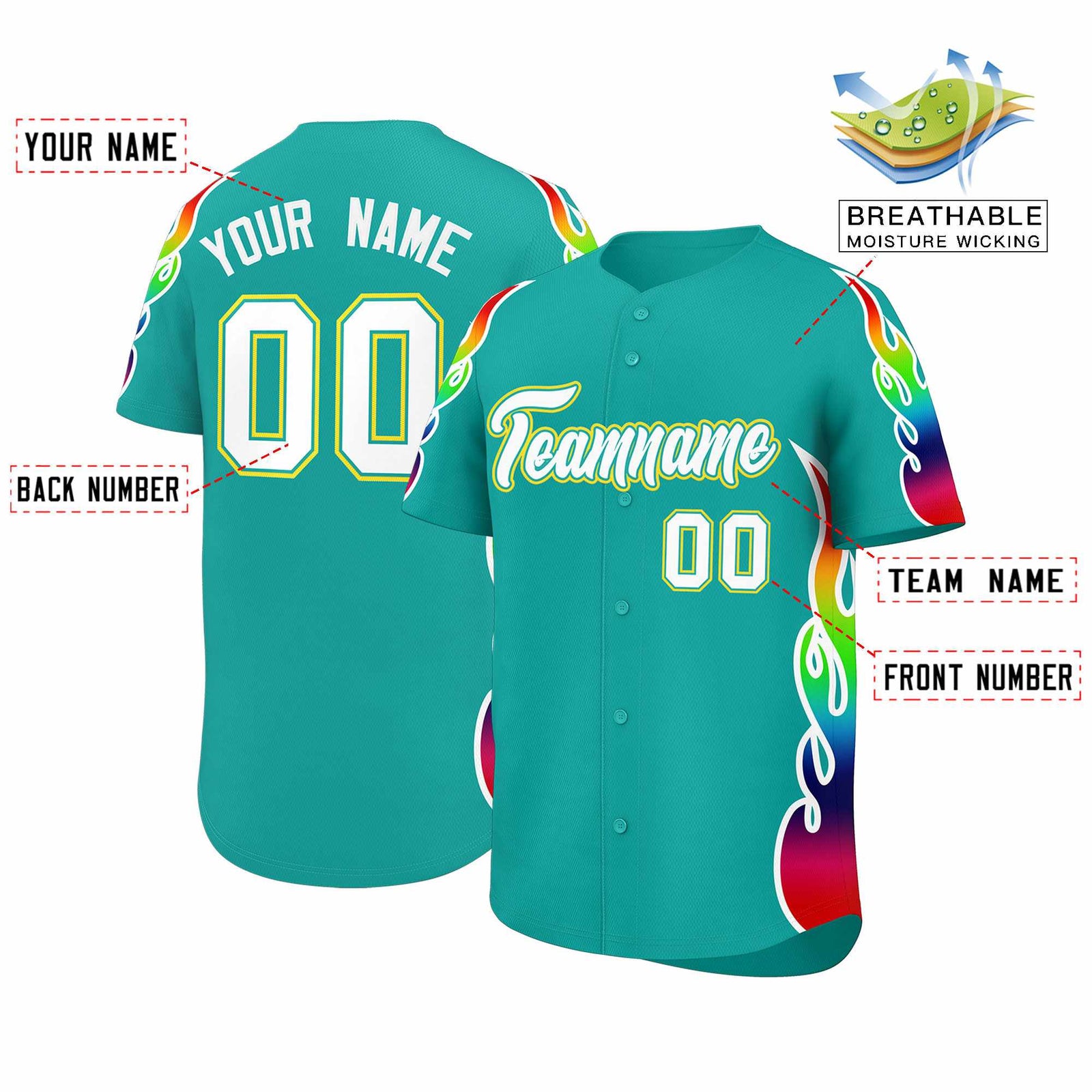 Custom Aqua Graffiti Pattern Personalized Multicolored Flames Print Authentic Baseball Jersey
