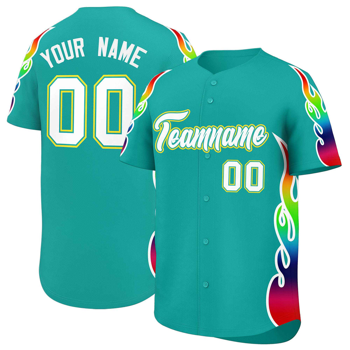 Custom Aqua Graffiti Pattern Personalized Multicolored Flames Print Authentic Baseball Jersey