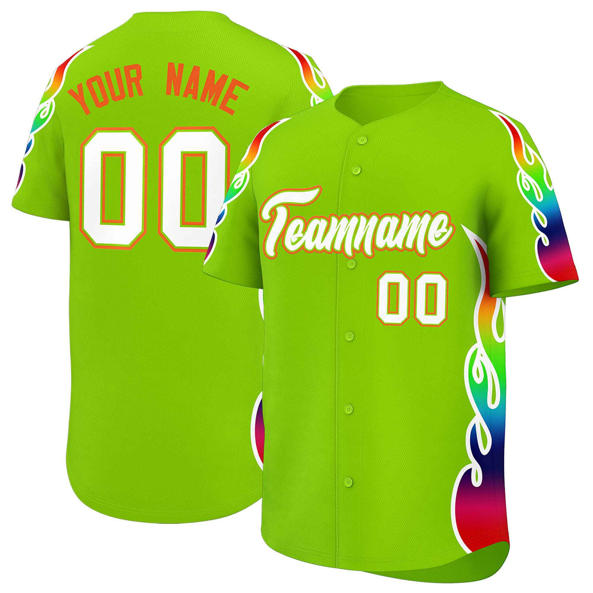 Custom Neon Green Graffiti Pattern Personalized Multicolored Flames Print Authentic Baseball Jersey