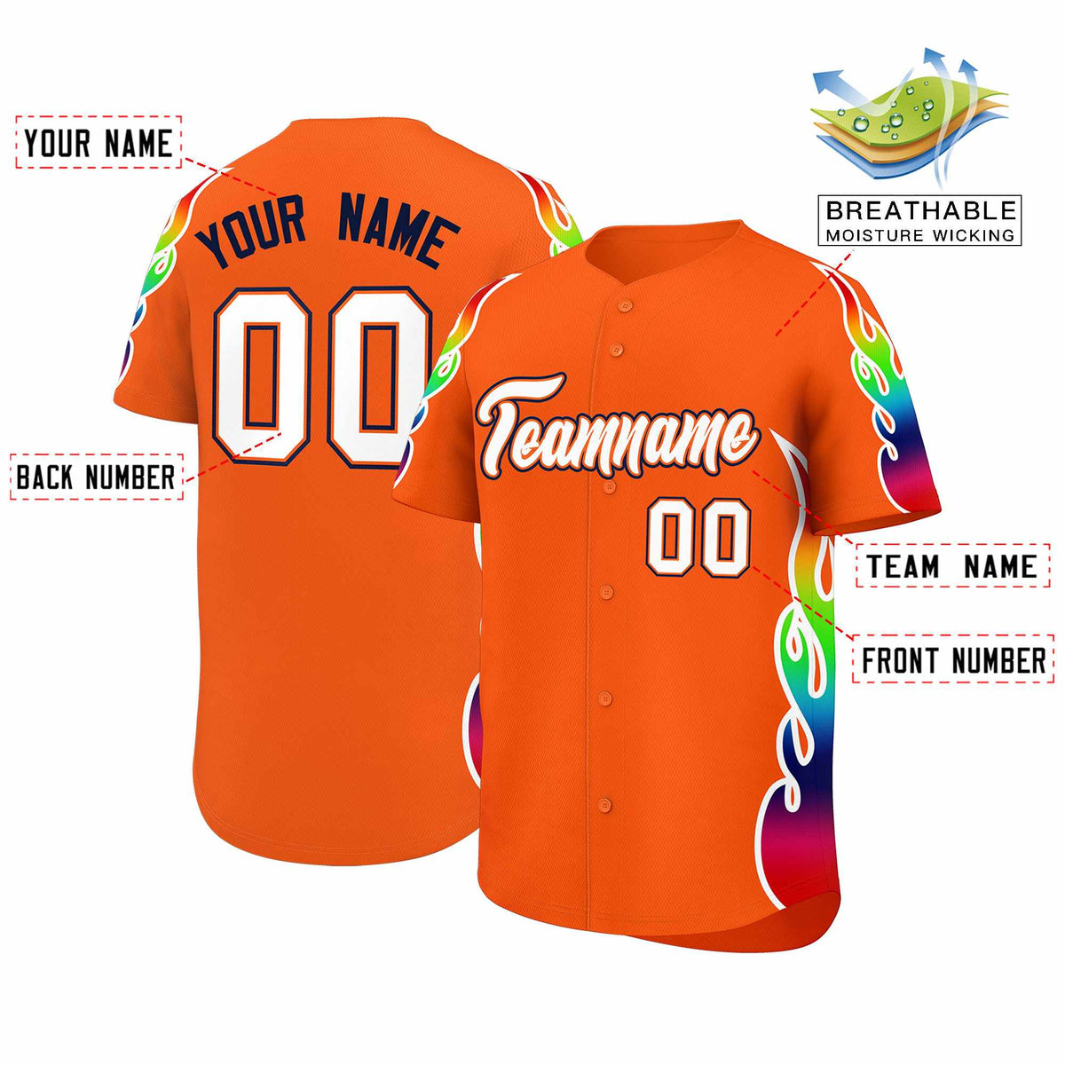 Custom Orange Graffiti Pattern Personalized Multicolored Flames Print Authentic Baseball Jersey