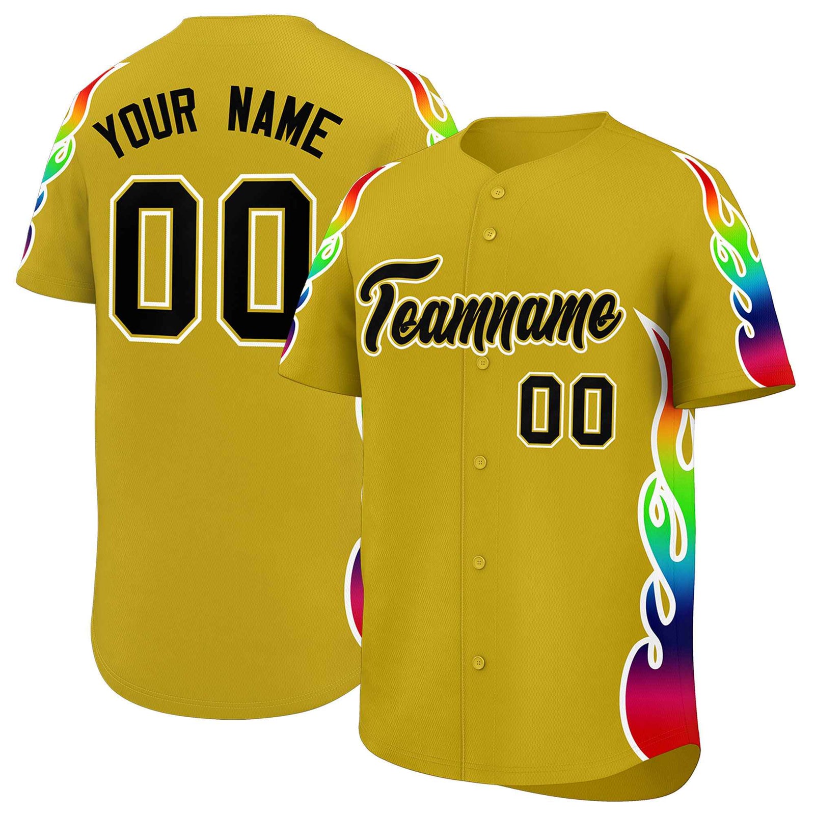 Custom Old Gold Graffiti Pattern Personalized Multicolored Flames Print Authentic Baseball Jersey