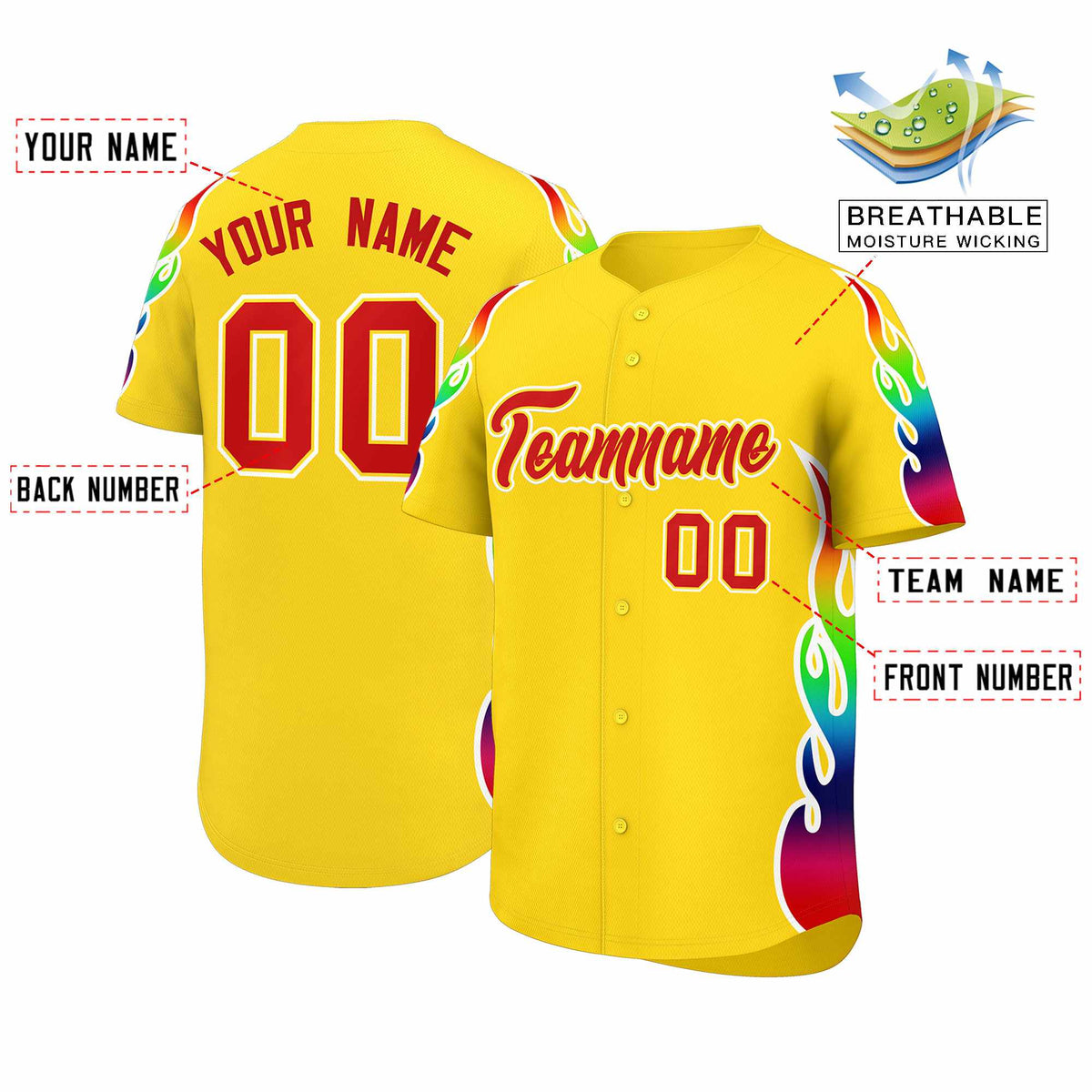 Custom Gold Graffiti Pattern Personalized Multicolored Flames Print Authentic Baseball Jersey