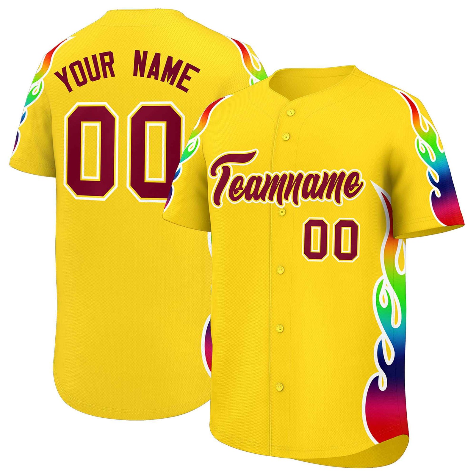 Custom Gold Graffiti Pattern Personalized Multicolored Flames Print Authentic Baseball Jersey