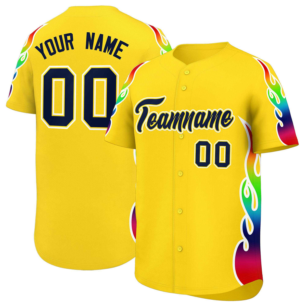 Custom Gold Graffiti Pattern Personalized Multicolored Flames Print Authentic Baseball Jersey