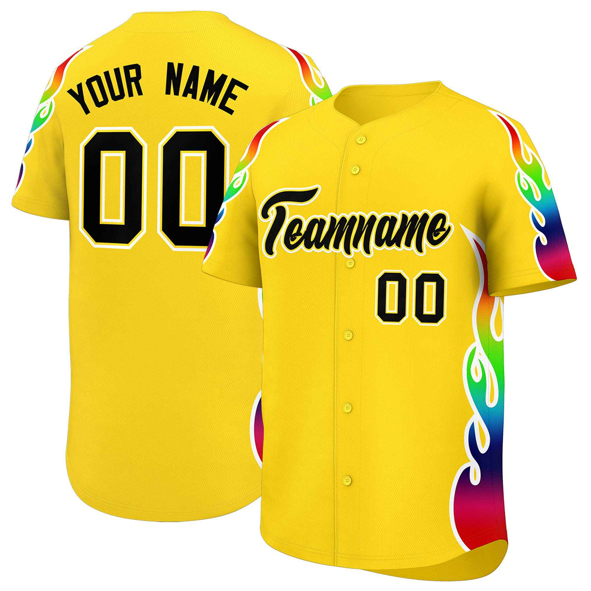 Custom Gold Graffiti Pattern Personalized Multicolored Flames Print Authentic Baseball Jersey
