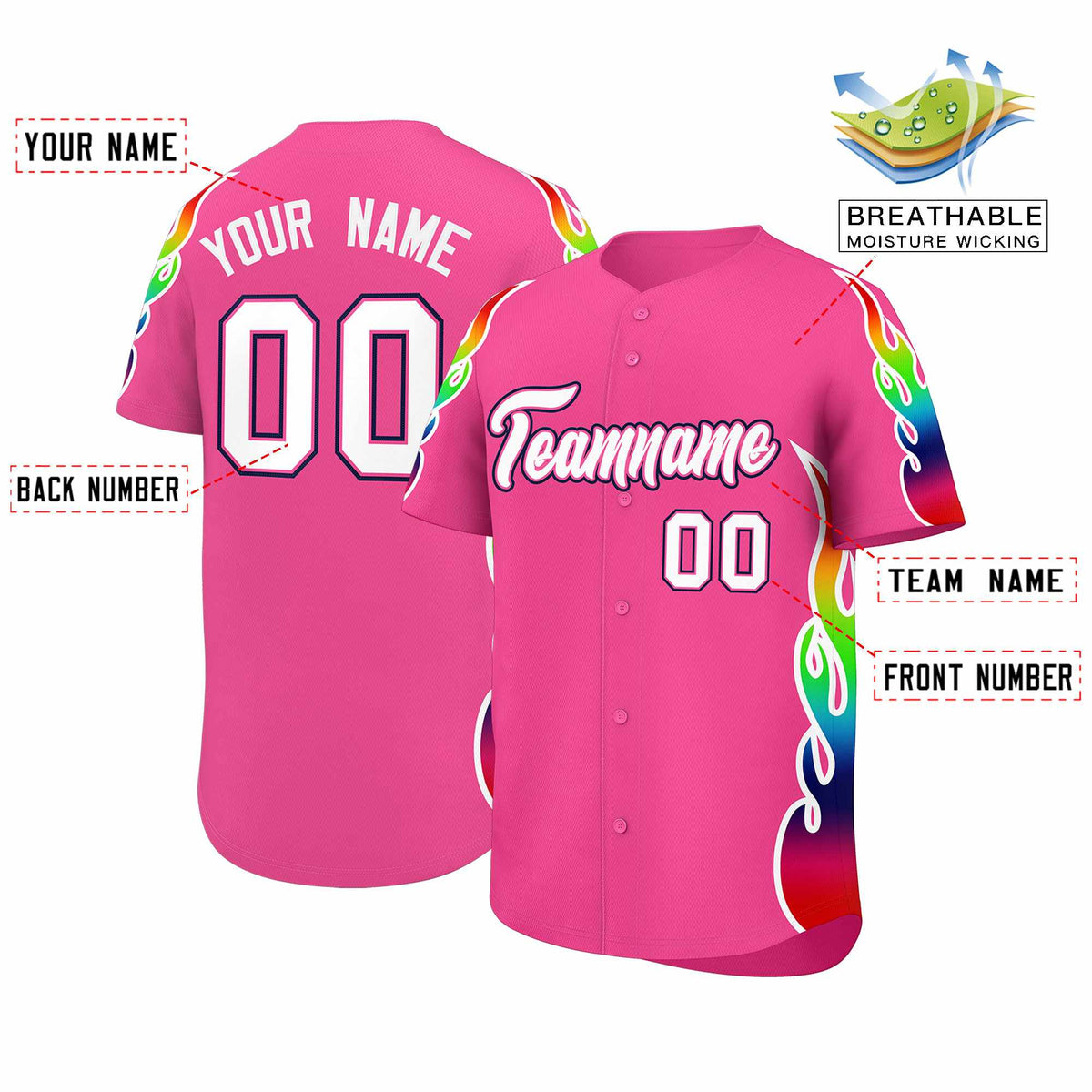 Custom Pink Graffiti Pattern Personalized Multicolored Flames Print Authentic Baseball Jersey
