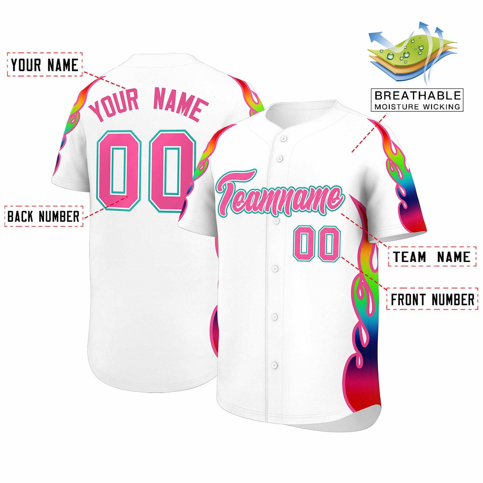 Custom White Graffiti Pattern Personalized Multicolored Flames Print Authentic Baseball Jersey