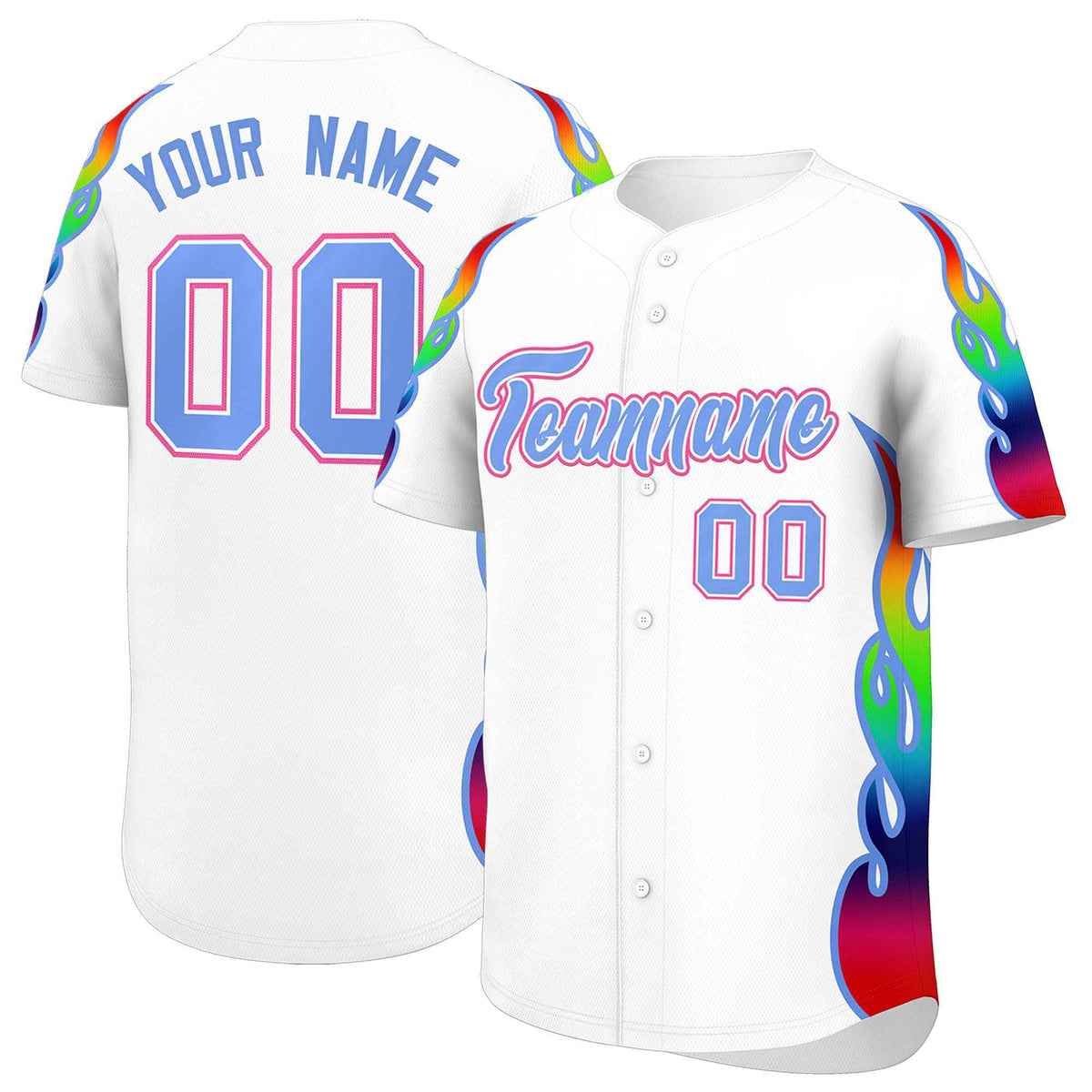 Custom White Graffiti Pattern Personalized Multicolored Flames Print Authentic Baseball Jersey