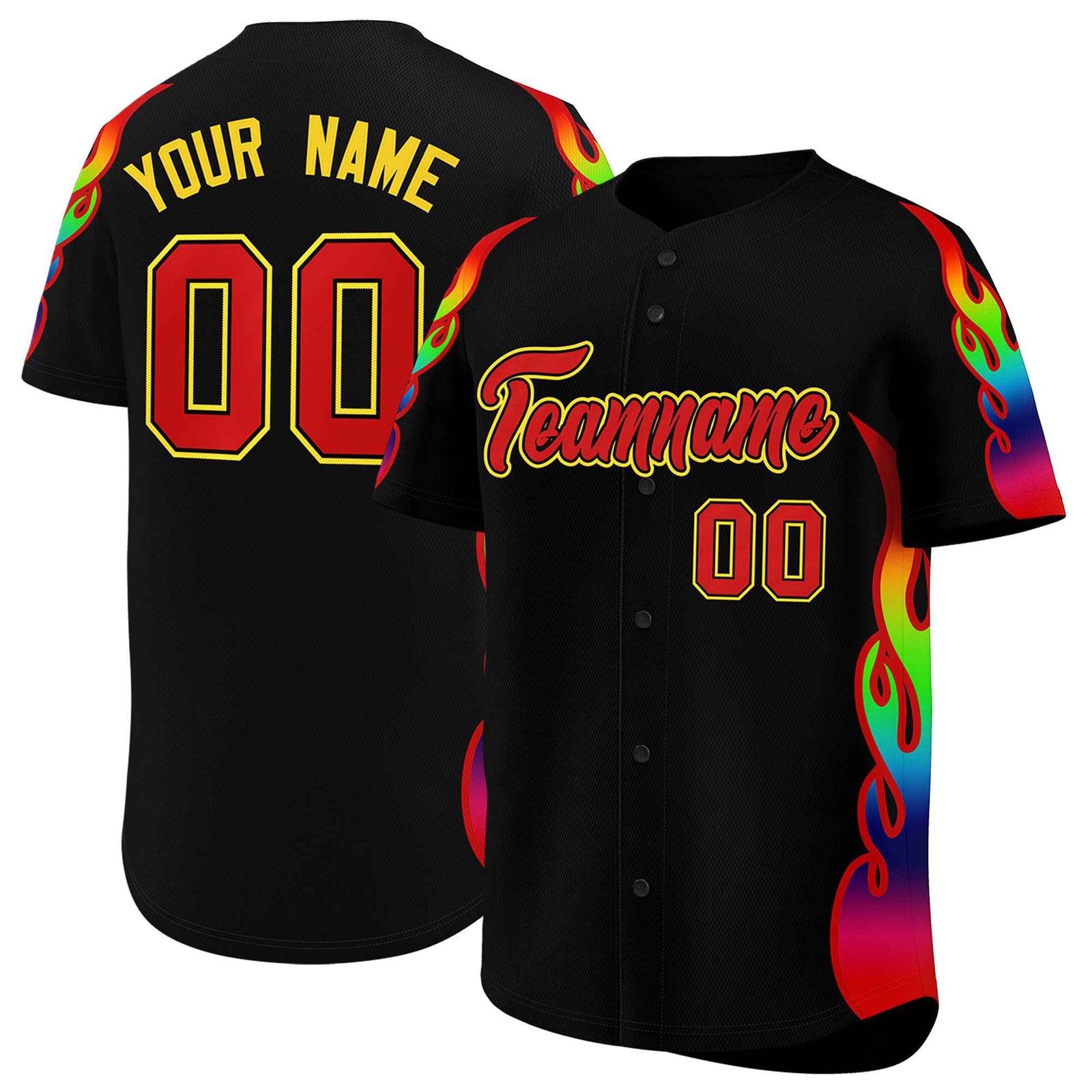 Custom Black Graffiti Pattern Personalized Multicolored Flames Print Authentic Baseball Jersey