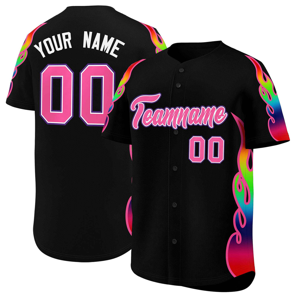 Custom Black Graffiti Pattern Personalized Multicolored Flames Print Authentic Baseball Jersey
