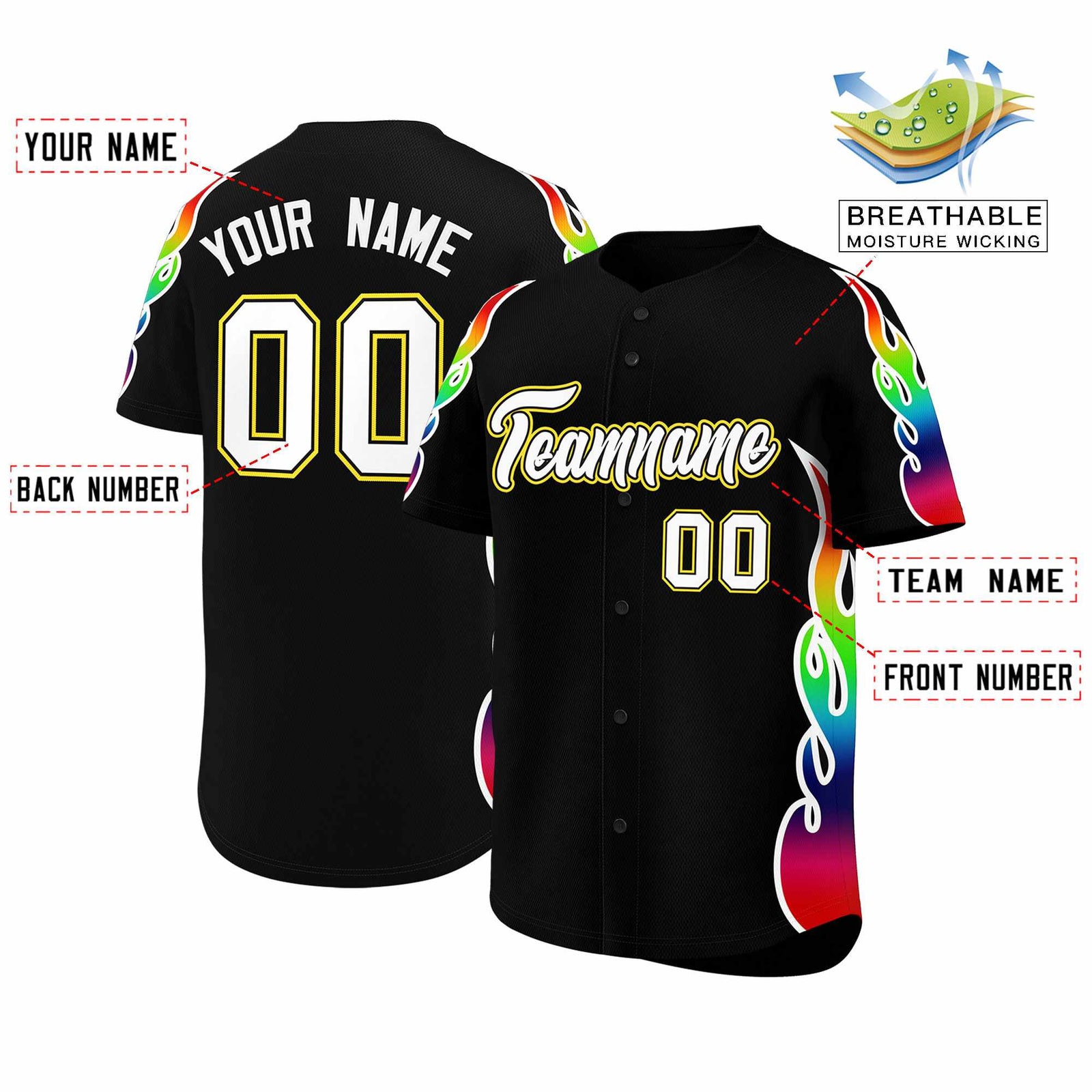 Custom Black Graffiti Pattern Personalized Multicolored Flames Print Authentic Baseball Jersey