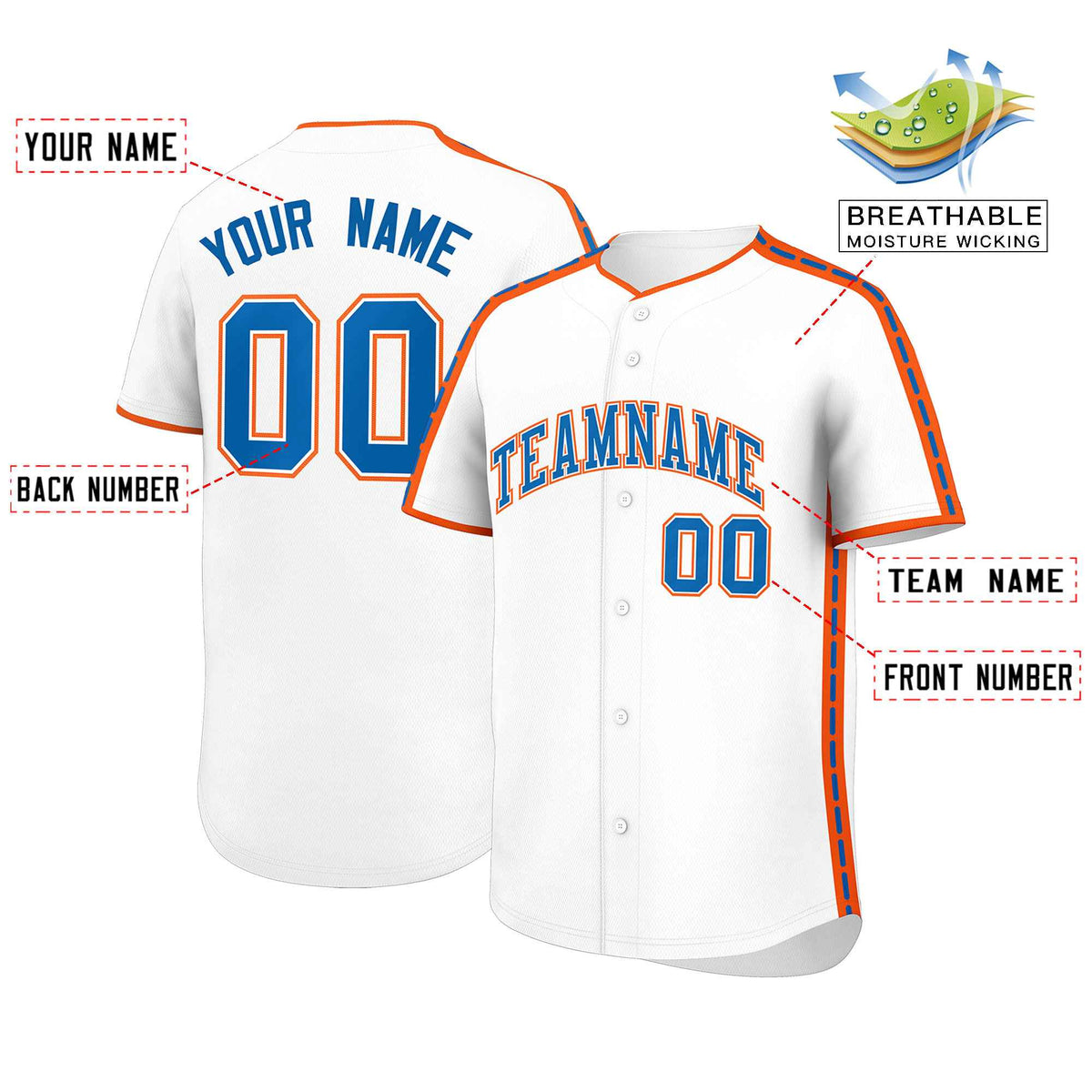 Custom White Orange Color Block Personalized Side Dotted Line Authentic Baseball Jersey