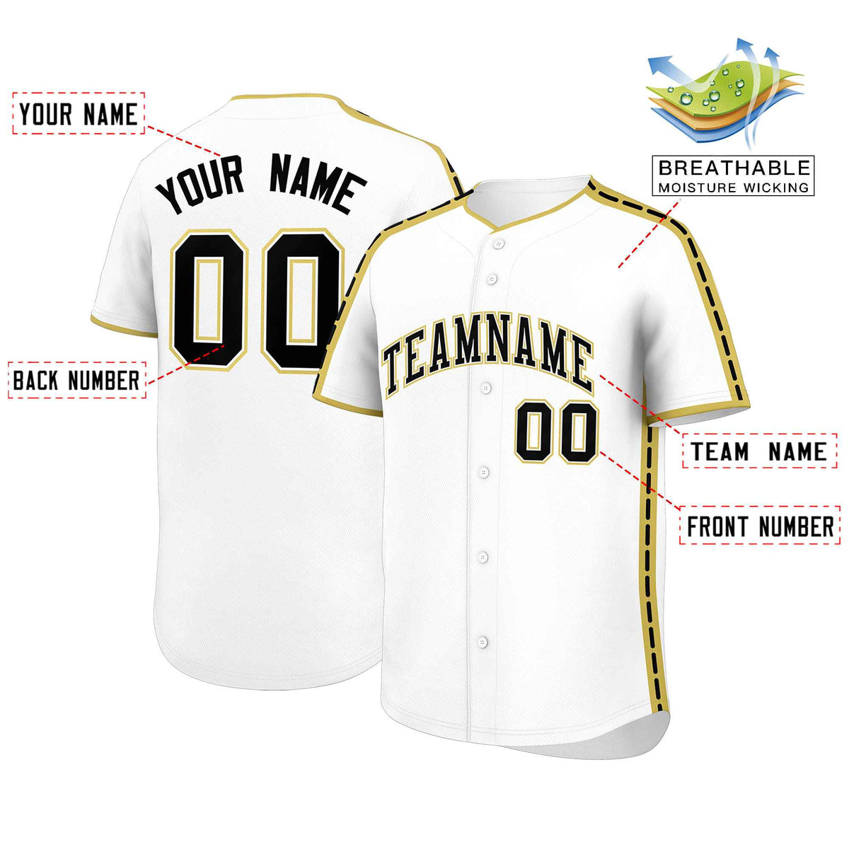 Custom White Old Gold Color Block Personalized Side Dotted Line Authentic Baseball Jersey