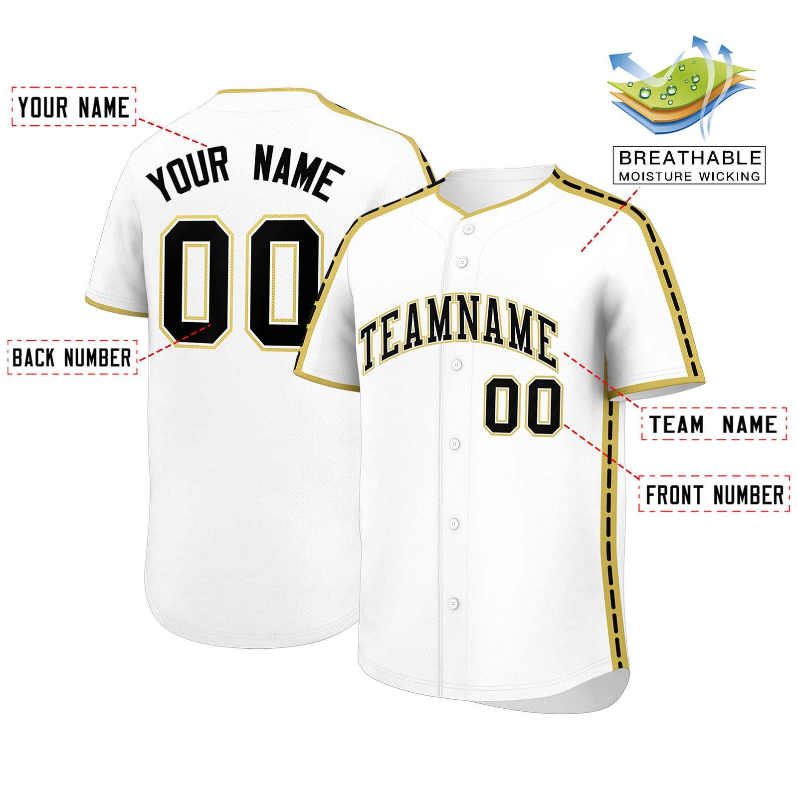 Custom White Old Gold Color Block Personalized Side Dotted Line Authentic Baseball Jersey