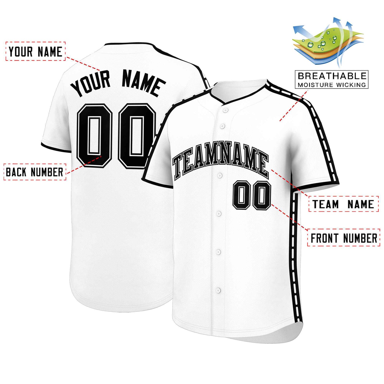 Custom White Black Color Block Personalized Side Dotted Line Authentic Baseball Jersey