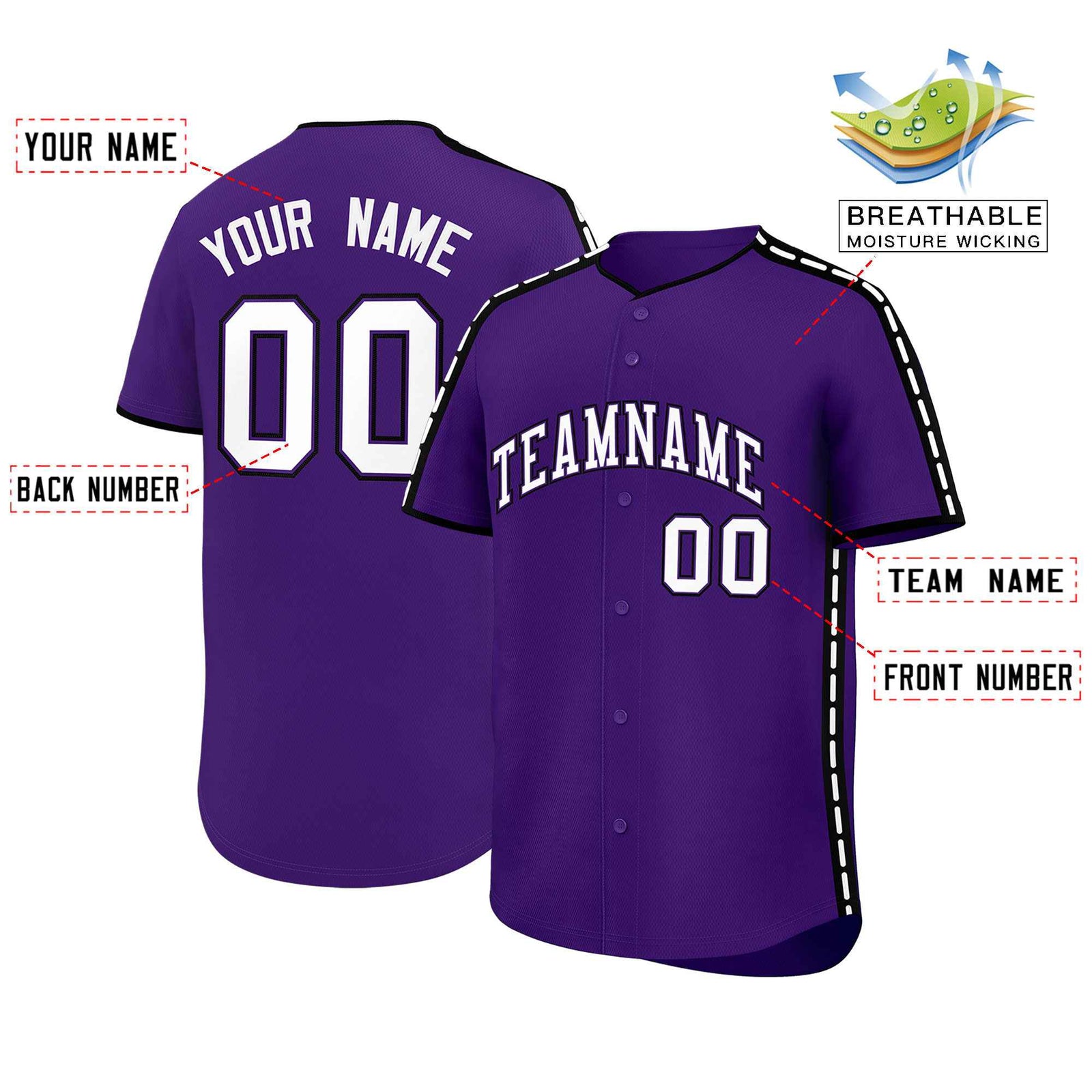 Custom Purple Black Color Block Personalized Side Dotted Line Authentic Baseball Jersey