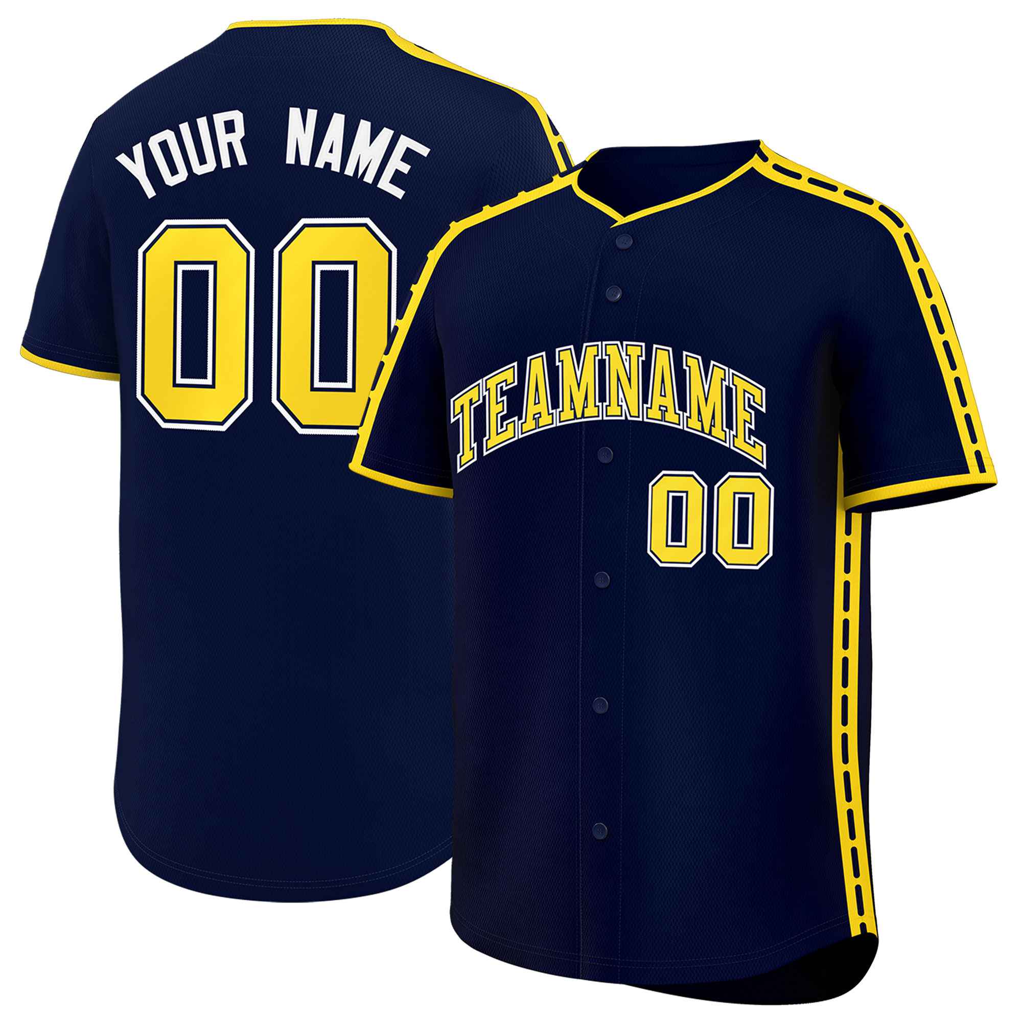 Custom Navy Gold Color Block Personalized Side Dotted Line Authentic Baseball Jersey
