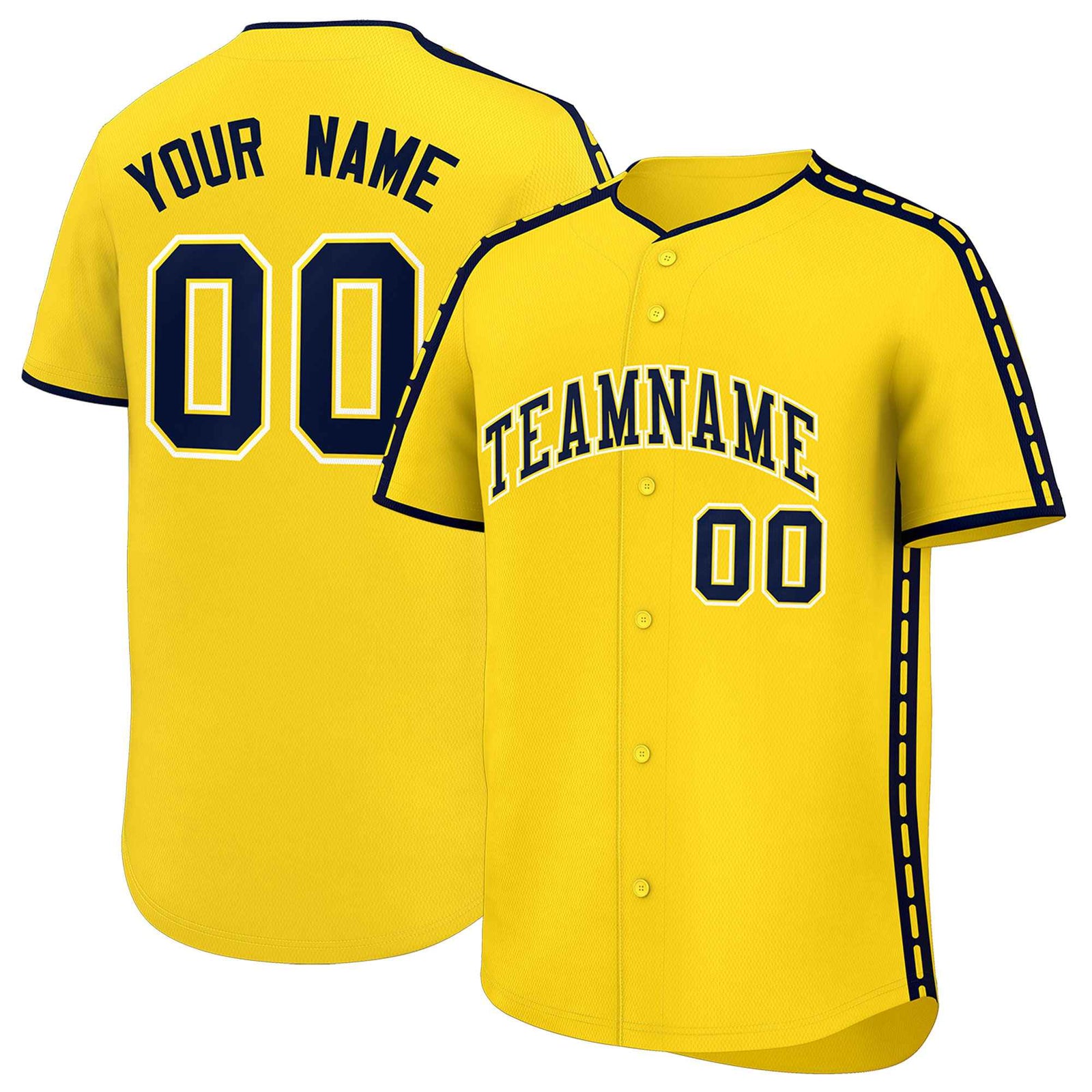 Custom Gold Navy Color Block Personalized Side Dotted Line Authentic Baseball Jersey