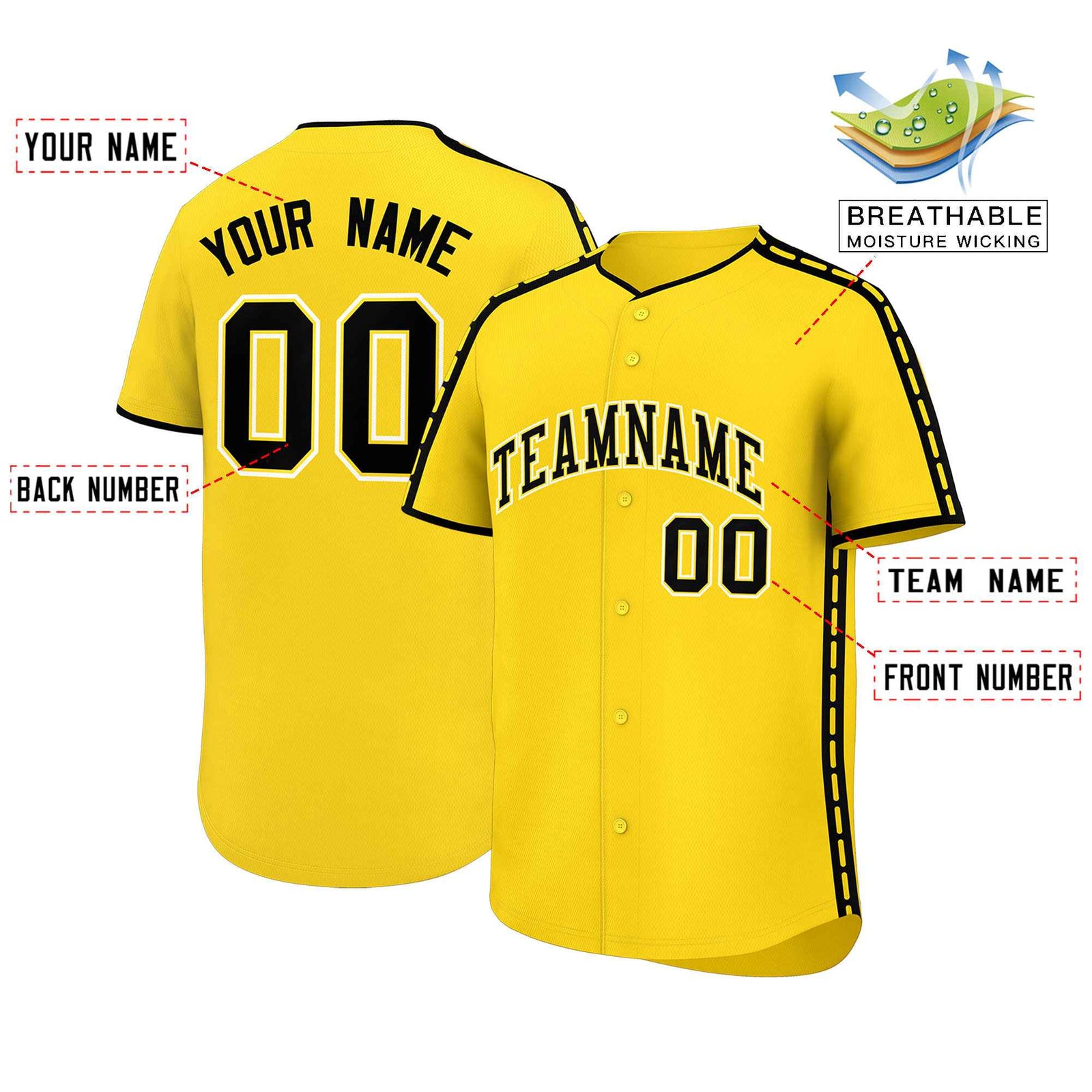 Custom Gold Black Color Block Personalized Side Dotted Line Authentic Baseball Jersey