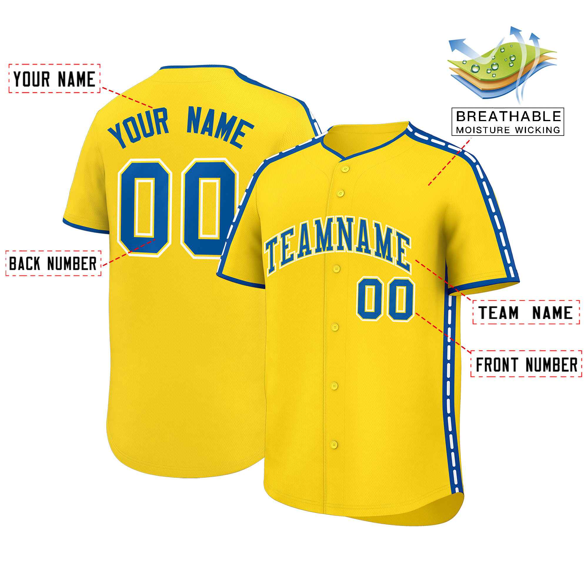 Custom Gold Royal Color Block Personalized Side Dotted Line Authentic Baseball Jersey