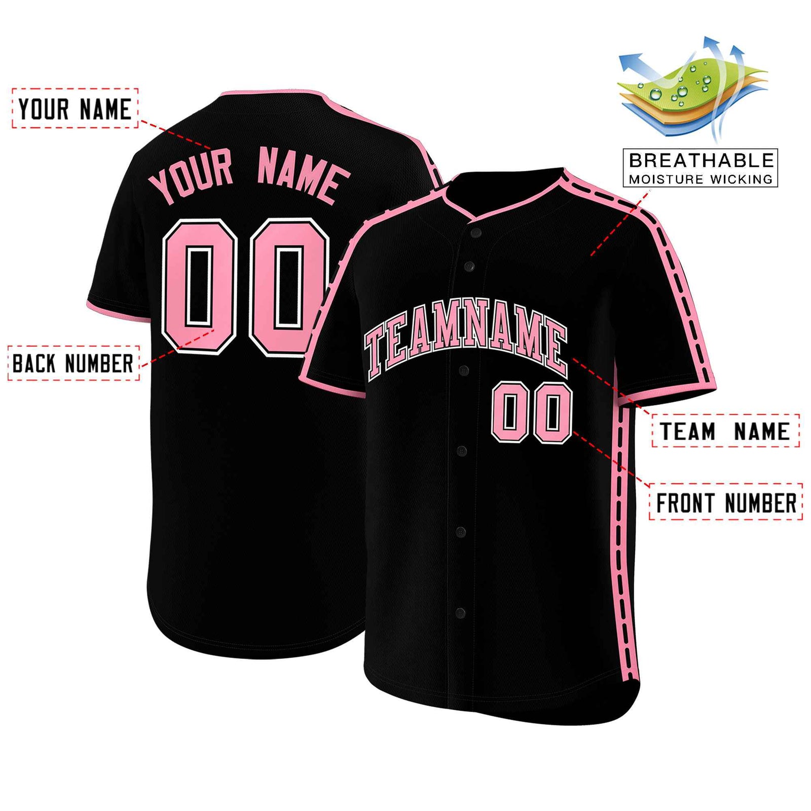 Custom Black Light Pink Color Block Personalized Side Dotted Line Authentic Baseball Jersey