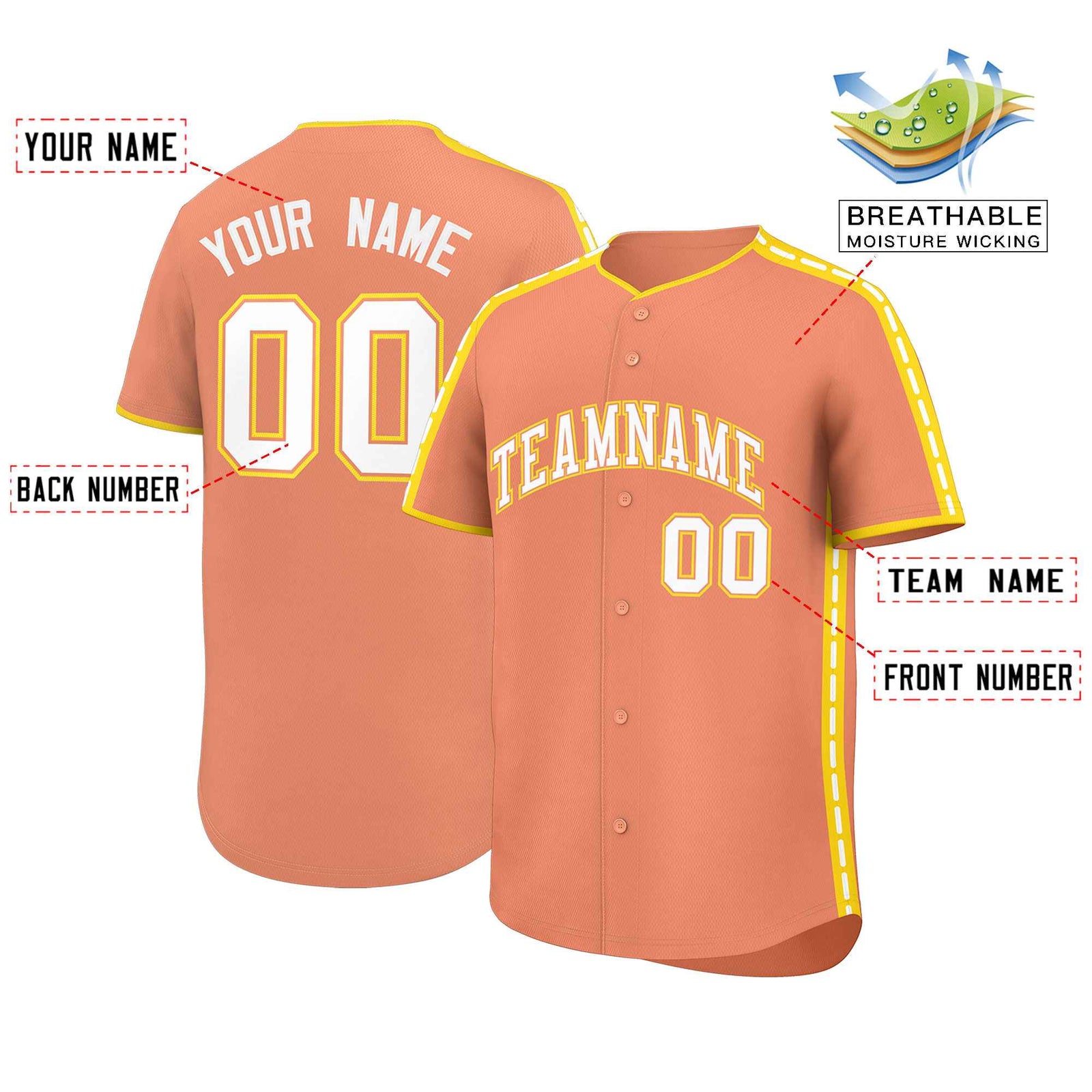 Custom Light Orange Gold Color Block Personalized Side Dotted Line Authentic Baseball Jersey
