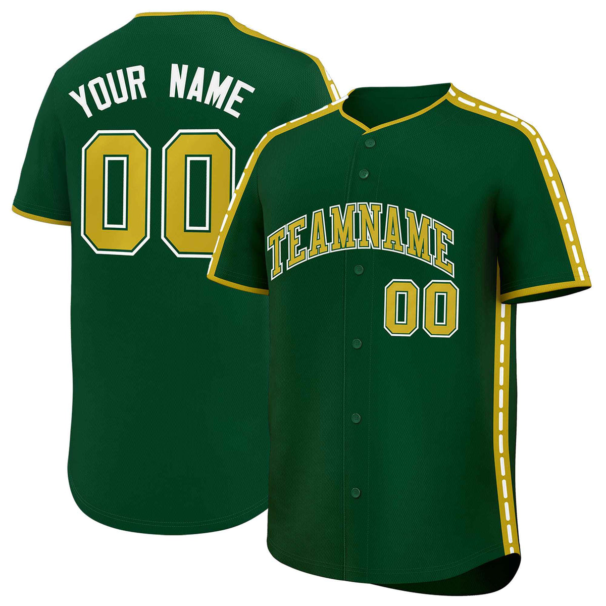 Custom Green Old Gold Color Block Personalized Side Dotted Line Authentic Baseball Jersey