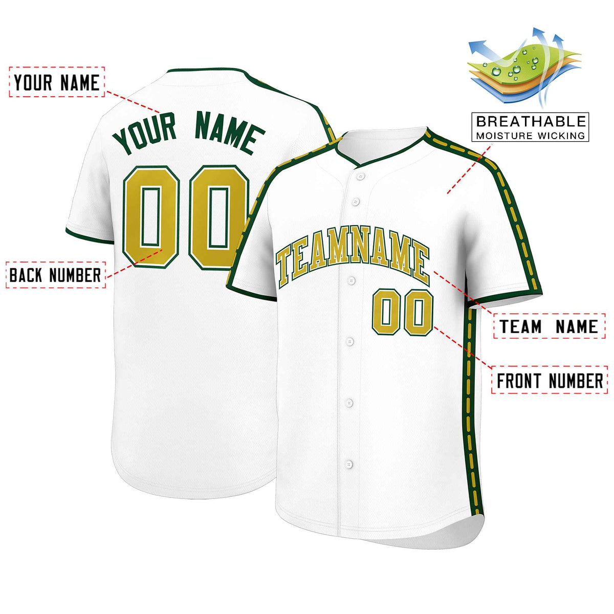 Custom White Green Color Block Personalized Side Dotted Line Authentic Baseball Jersey
