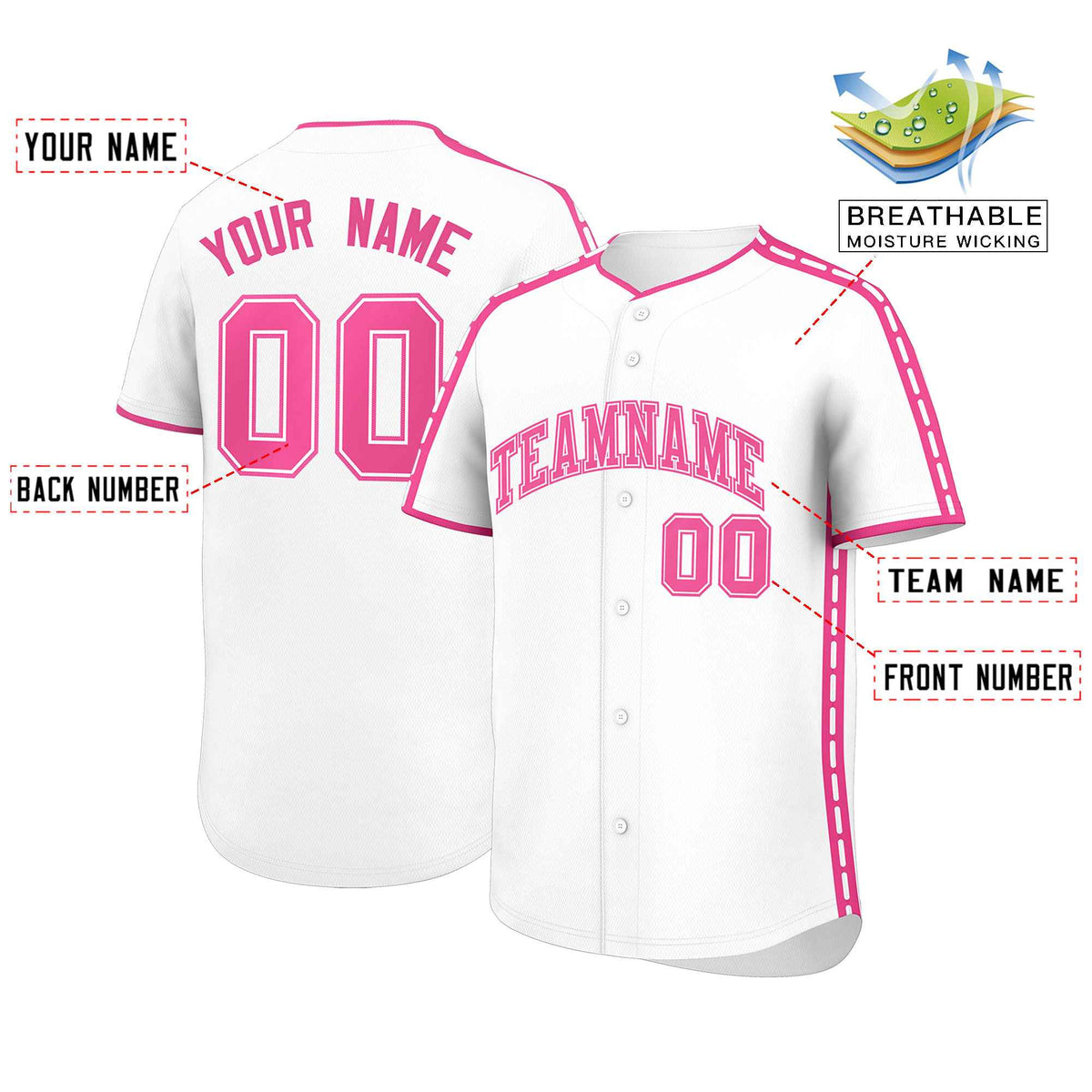 Custom White Pink Color Block Personalized Side Dotted Line Authentic Baseball Jersey