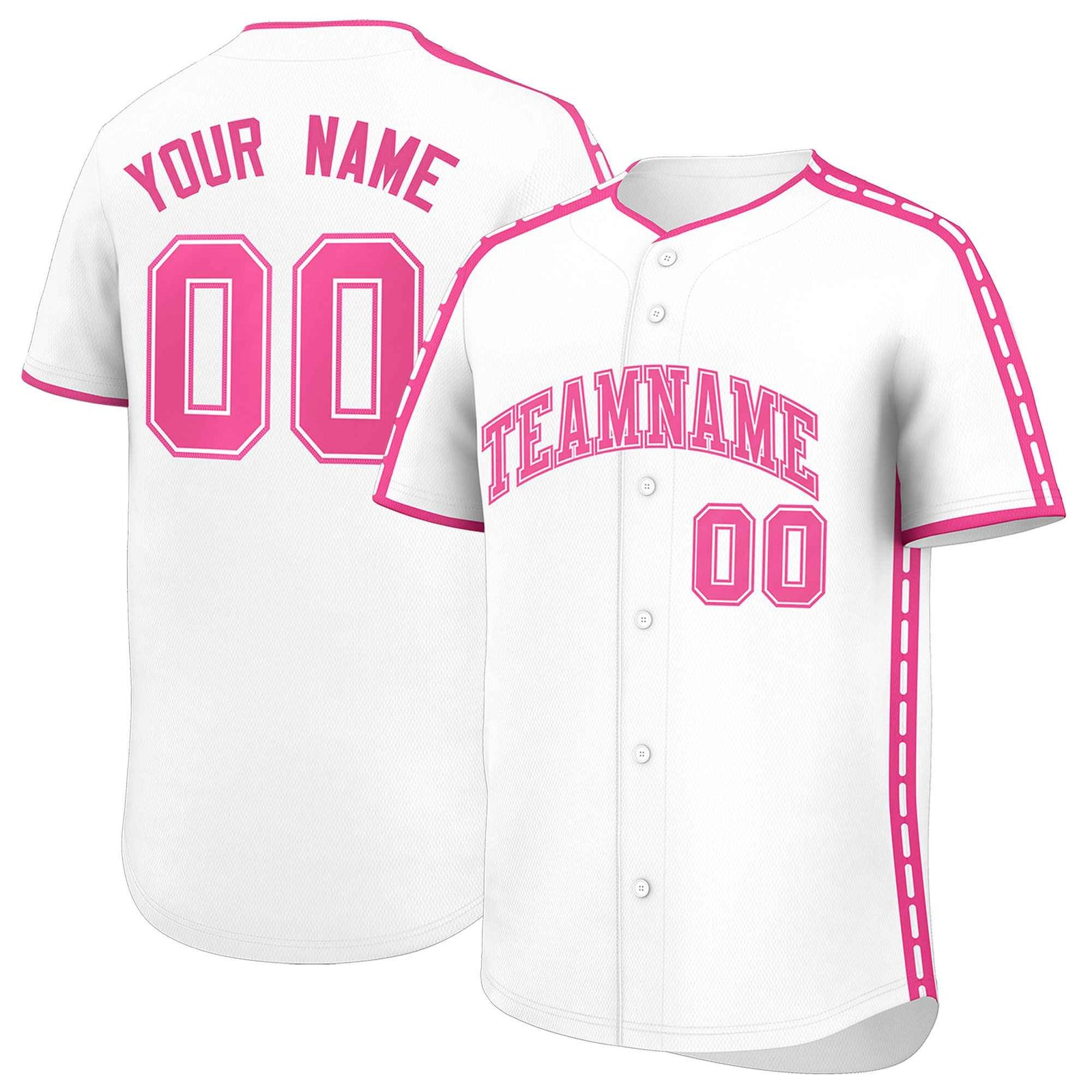 Custom White Pink Color Block Personalized Side Dotted Line Authentic Baseball Jersey