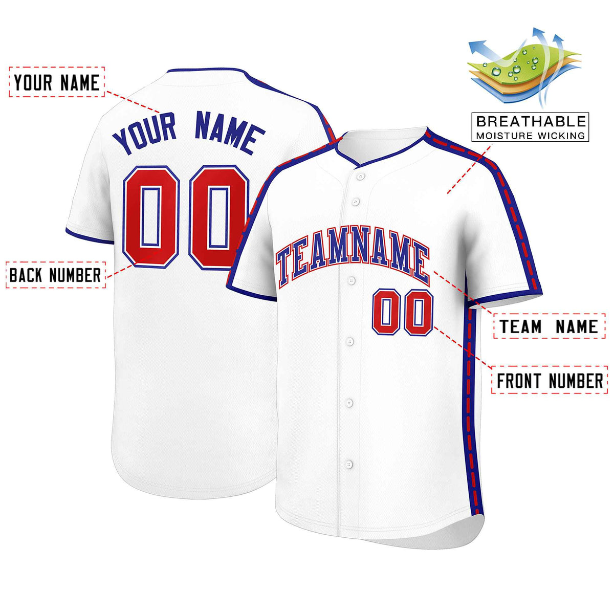 Custom White Royal Color Block Personalized Side Dotted Line Authentic Baseball Jersey
