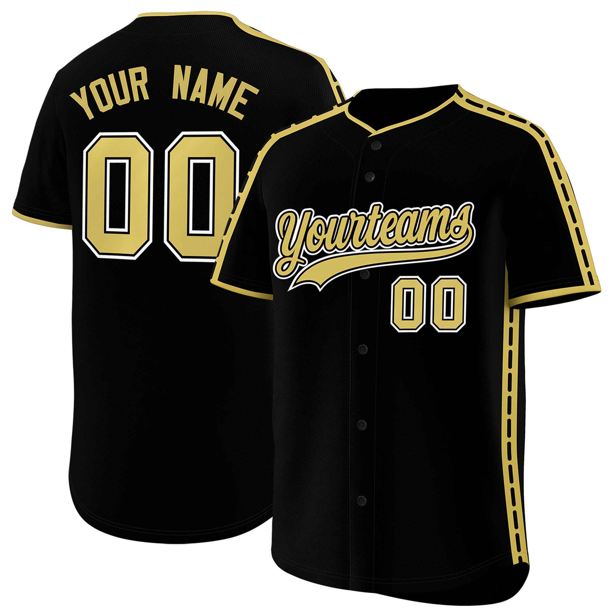 Custom Black Old Gold Color Block Personalized Side Dotted Line Authentic Baseball Jersey